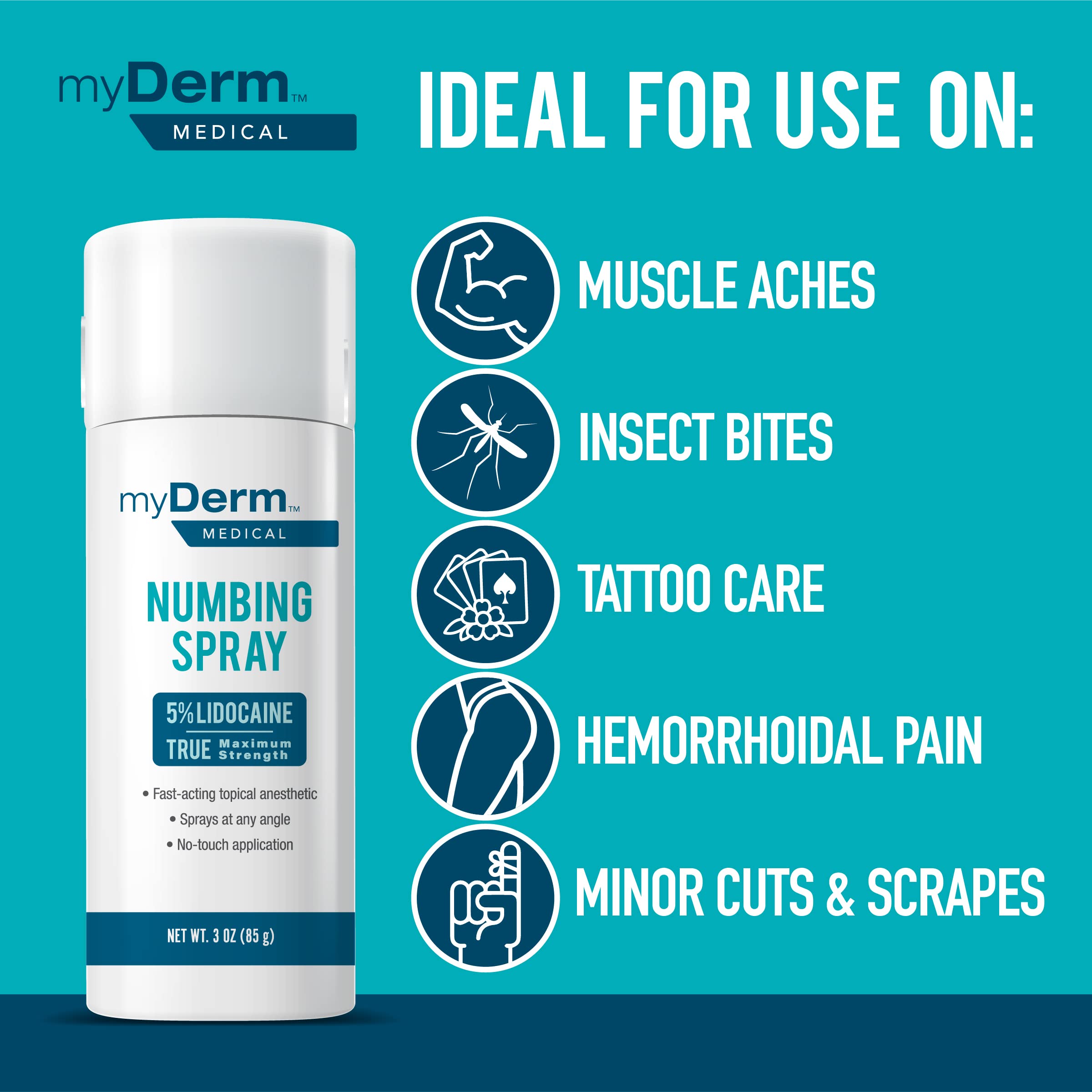 Myderm Medical Numbing Spray - 4.5oz - Maximum Strength 5% Lidocaine with Phenylephrine HCl and Witch Hazel - Fast-Acting Reliever with A Touch-Free Application - First Aid Supplies - Made in USA Myderm Au supplements