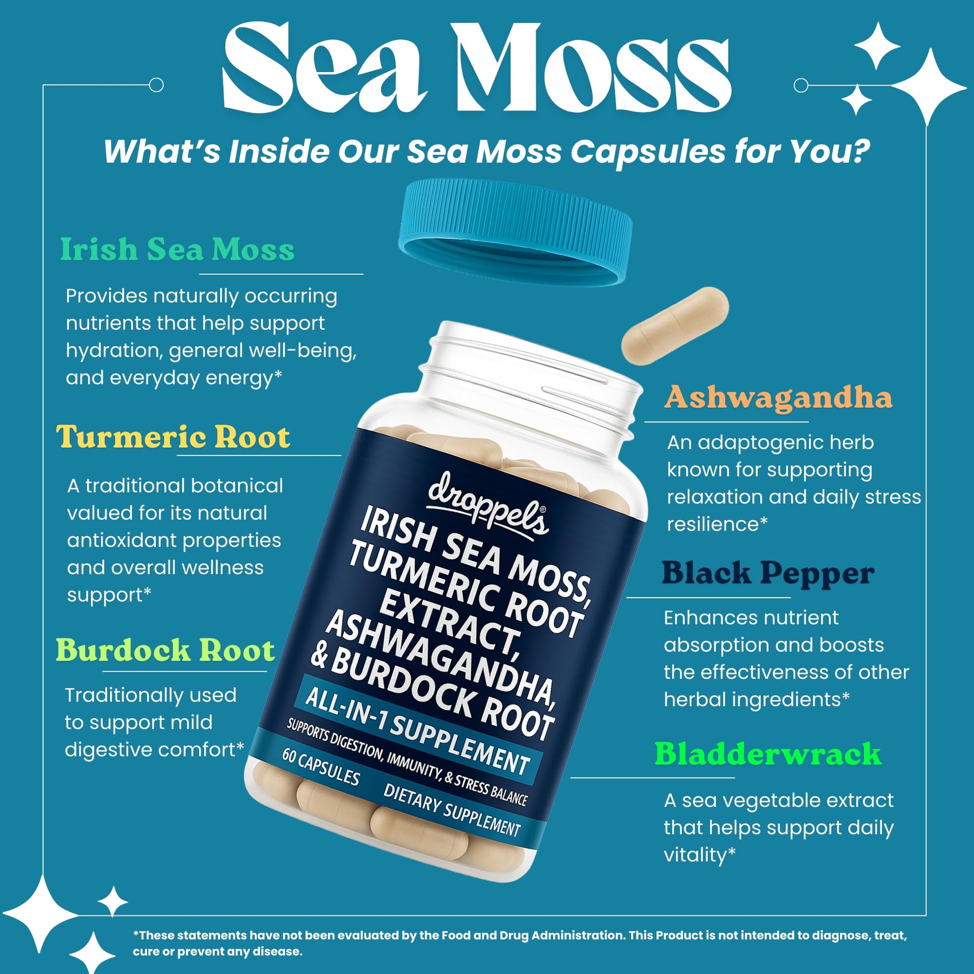 Droppels Irish Sea Moss Capsules with Turmeric Root, Ashwagandha, Black Pepper & Burdock Root – Natural Mineral Blend for Immune, Digestion, Joint & Energy Support – Vegan, Non-GMO – 60 Capsules Droppels Au supplements
