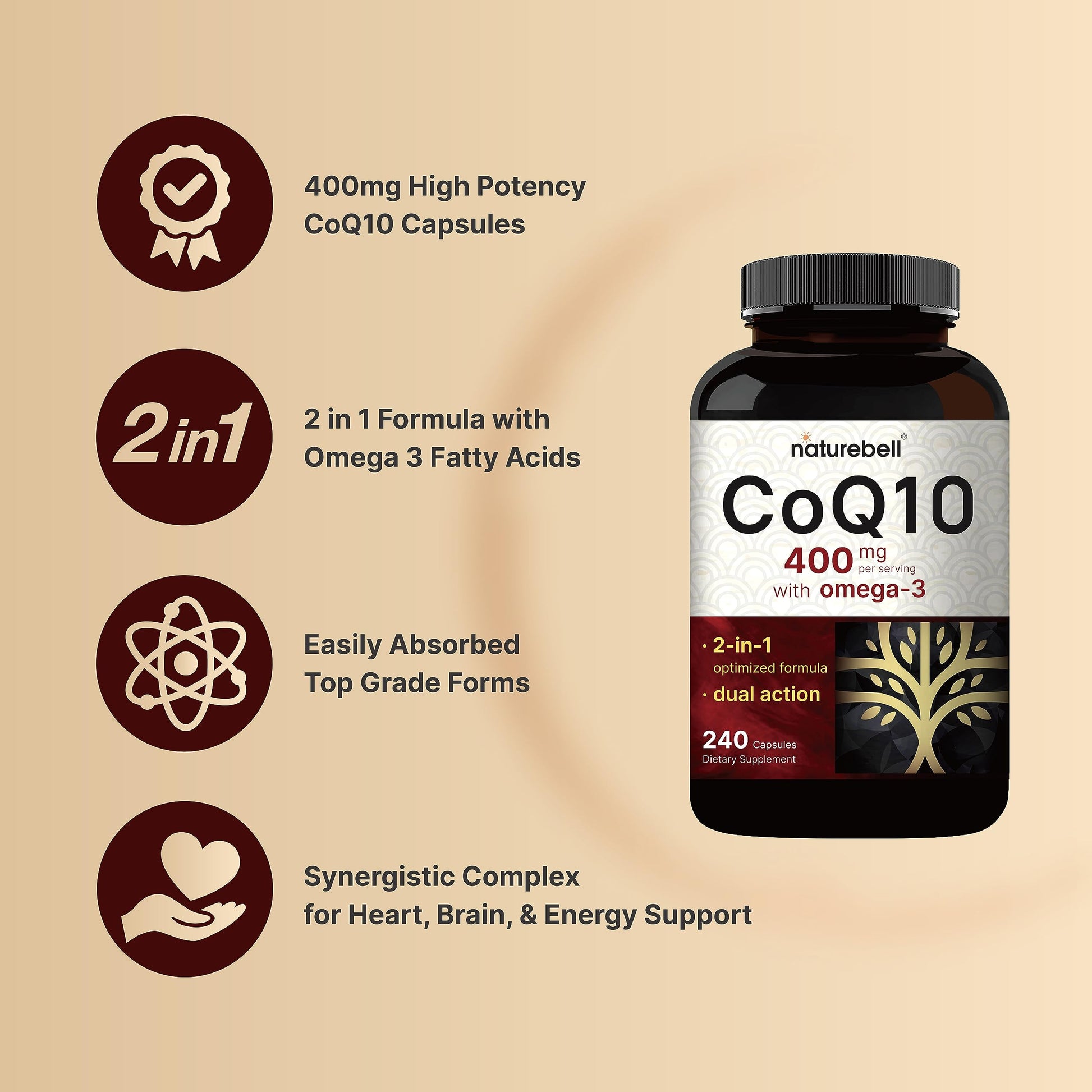CoQ10 (Ubiquinone) 400mg with Omega 3 Fatty Acids, 240 Capsules | Stable High NatureBell Au supplements
