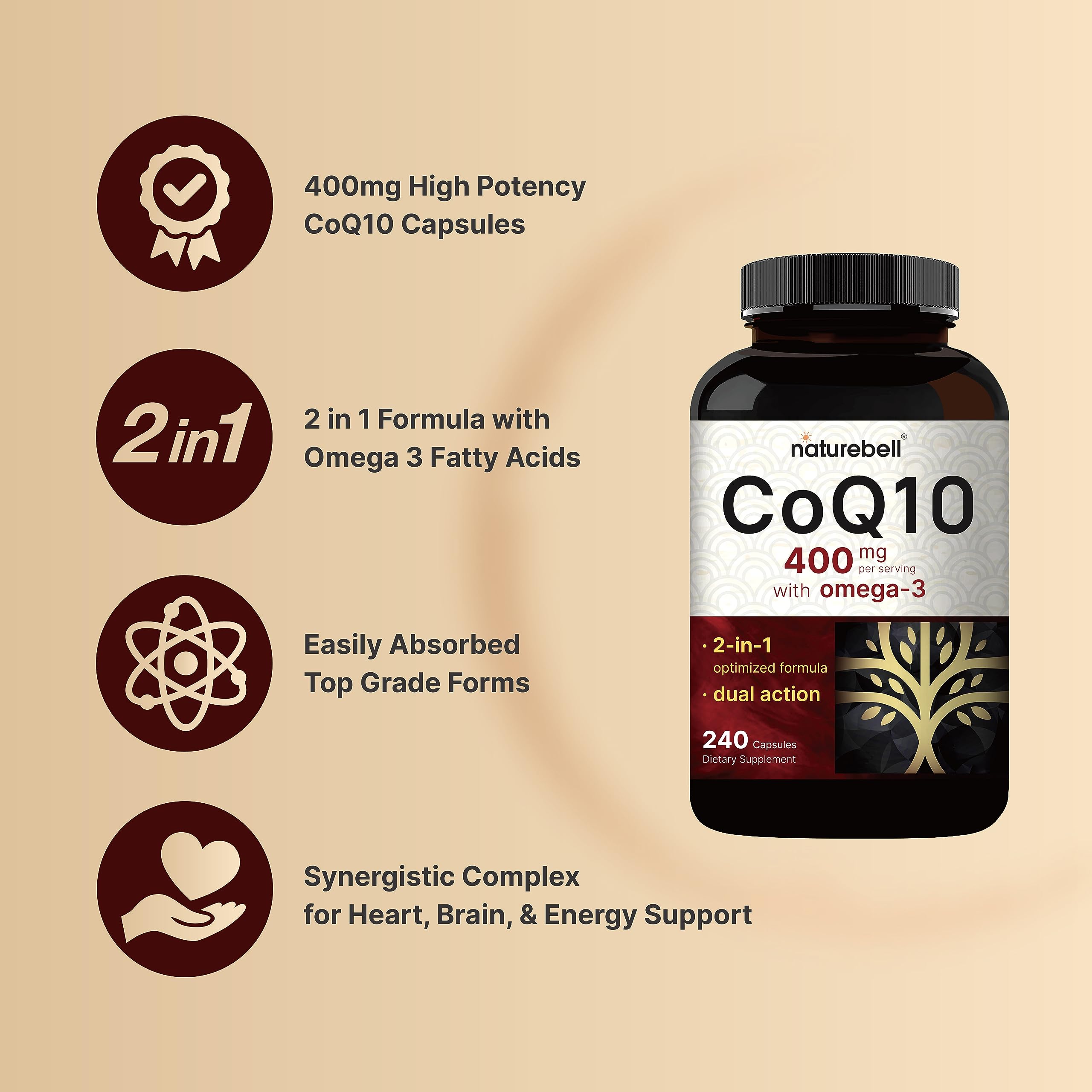 CoQ10 (Ubiquinone) 400mg with Omega 3 Fatty Acids, 240 Capsules | Stable High NatureBell Au supplements