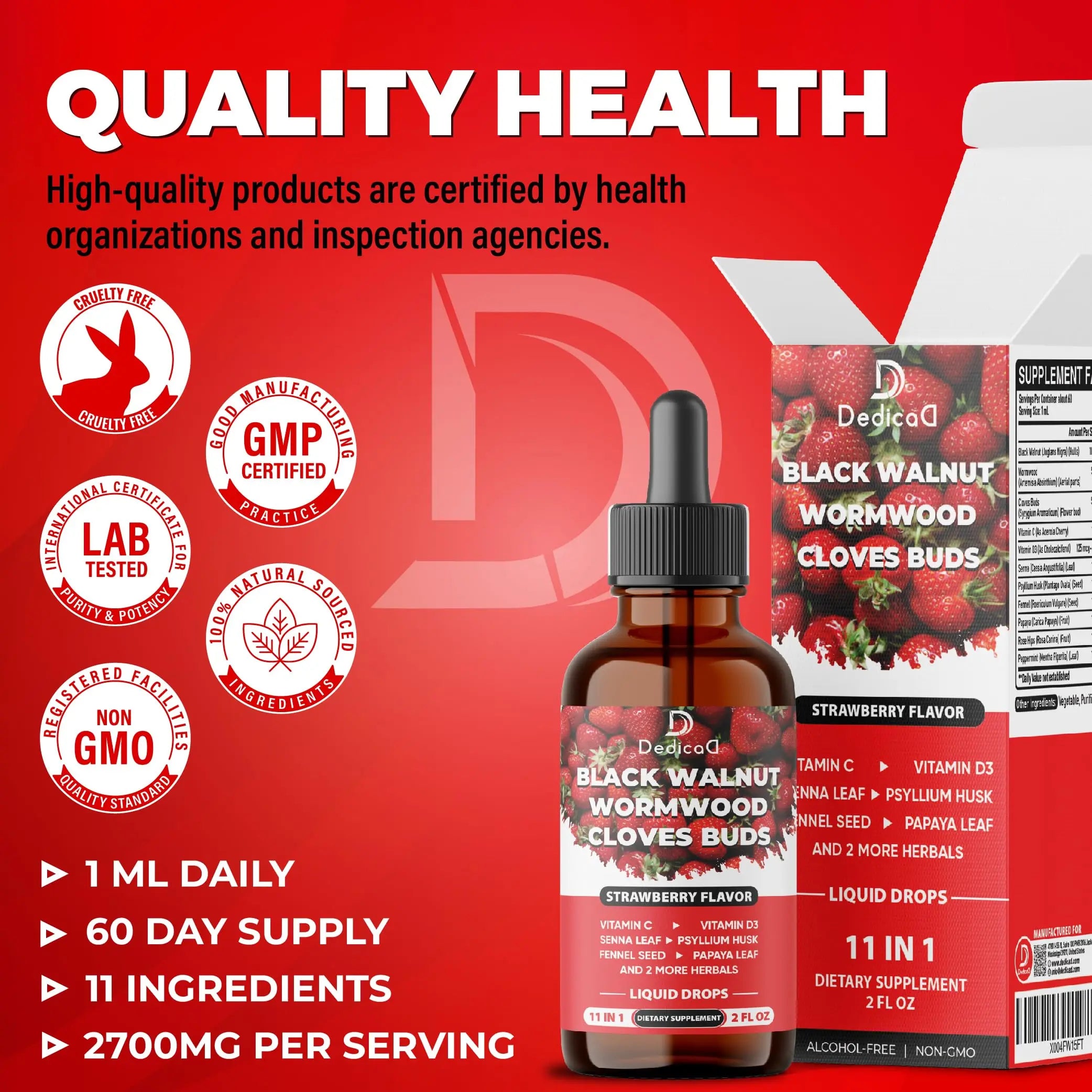 DEDICAD 11in1 Black Walnut Wormwood Cloves Liquid Drops with Cloves Buds, Senna Leaf, Psyllium Husk, Fennel Seed, Papaya Leaf and More - 2 oz Fl - 60 Days - Strawberry Flavor DEDICAD Au supplements