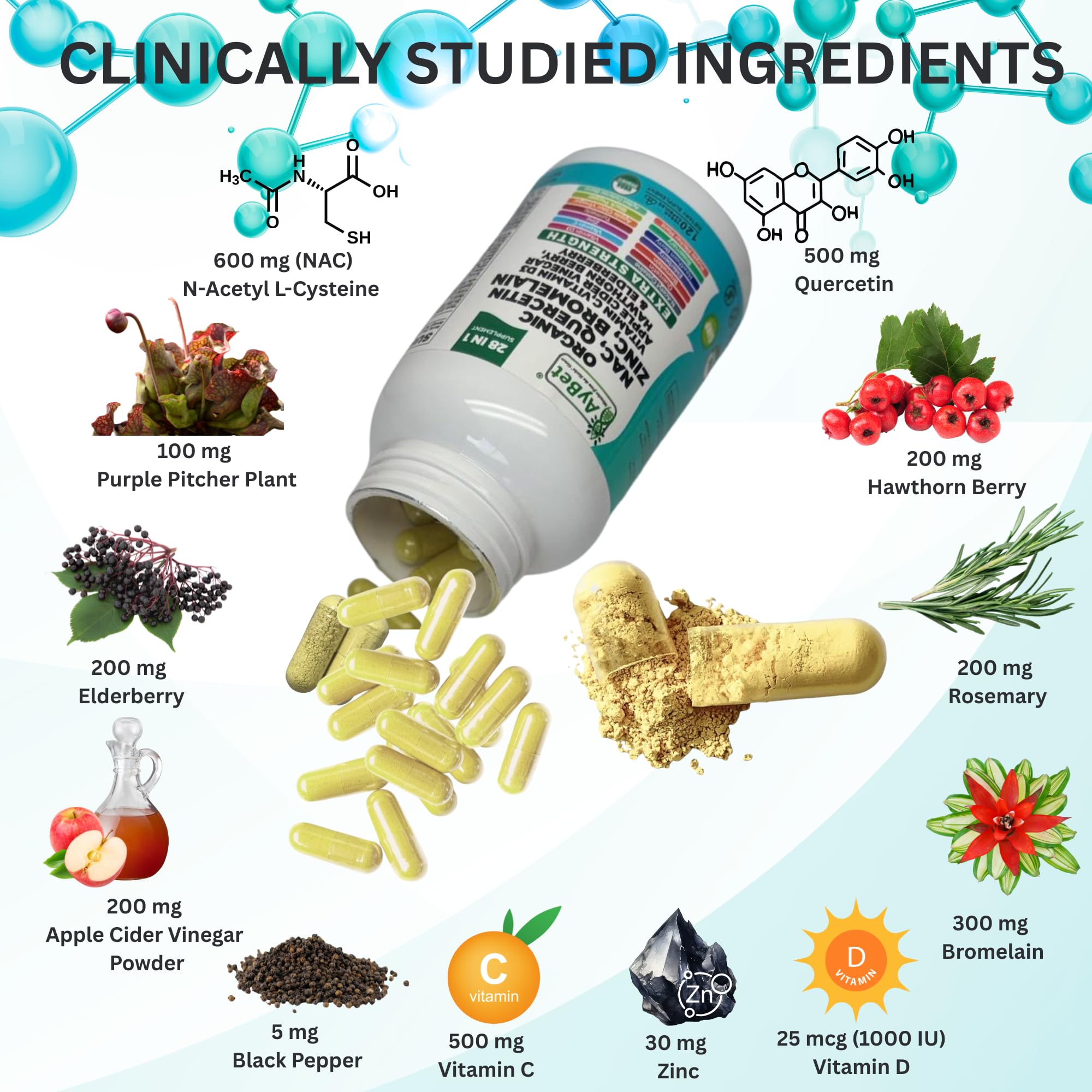 NAC-n-acetyl cysteine- Quercetin Zinc Bromelain Supplement | Extra Strength with Vit C, D3, Apple Cider Vinegar, Elderberry, Hawthorn Berry, Turmeric | Immune Support|120 Vegan Capsules | USDA Organic AyBet Au supplements