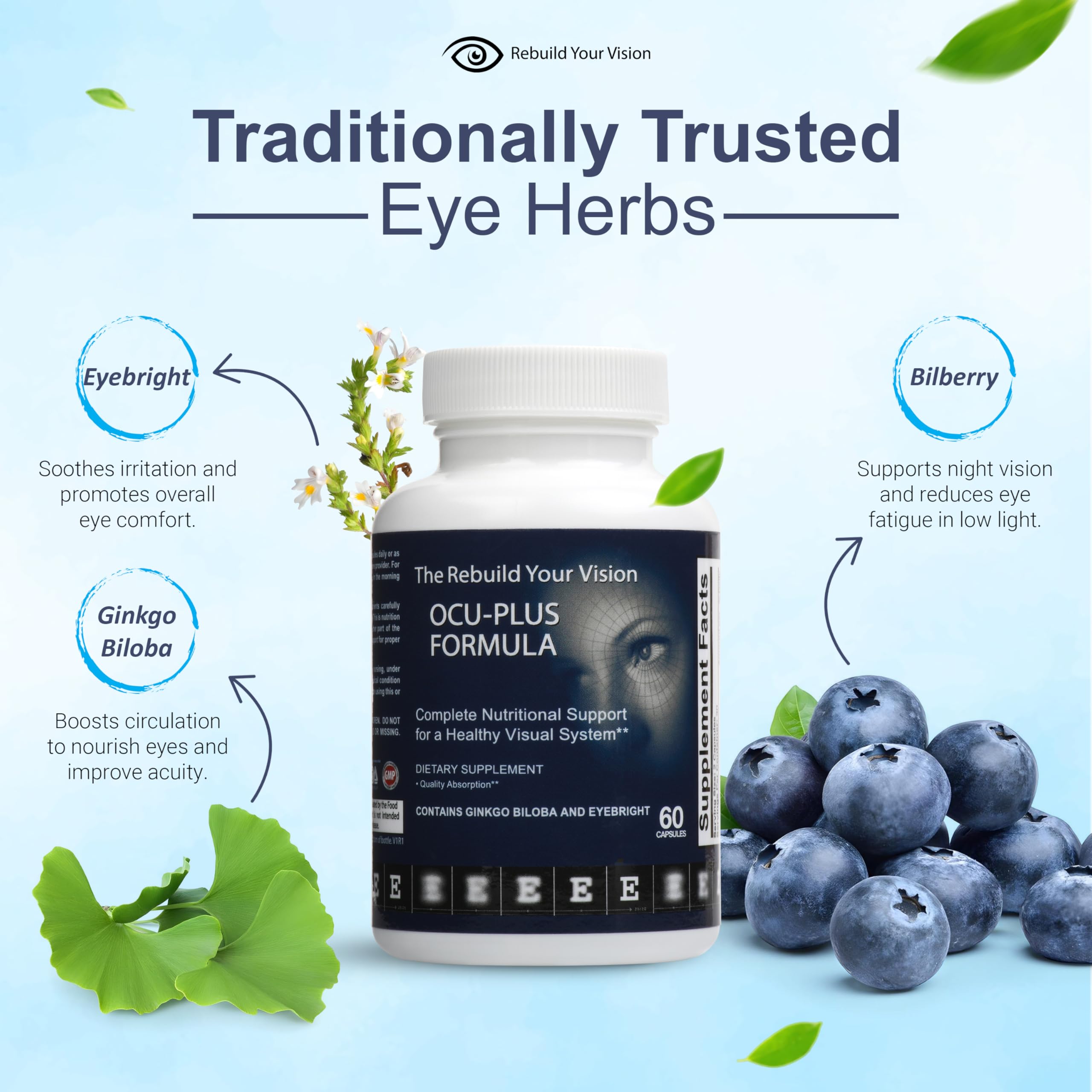 Rebuild Your Vision Ocu-Plus Formula – Eye Health Supplement with Lutein & Zeaxanthin – Supports Visual Clarity, Night Vision & Macular Health – with Bilberry, Ginkgo Biloba & NAC – 60 Capsules Rebuild Your Vision Au supplements