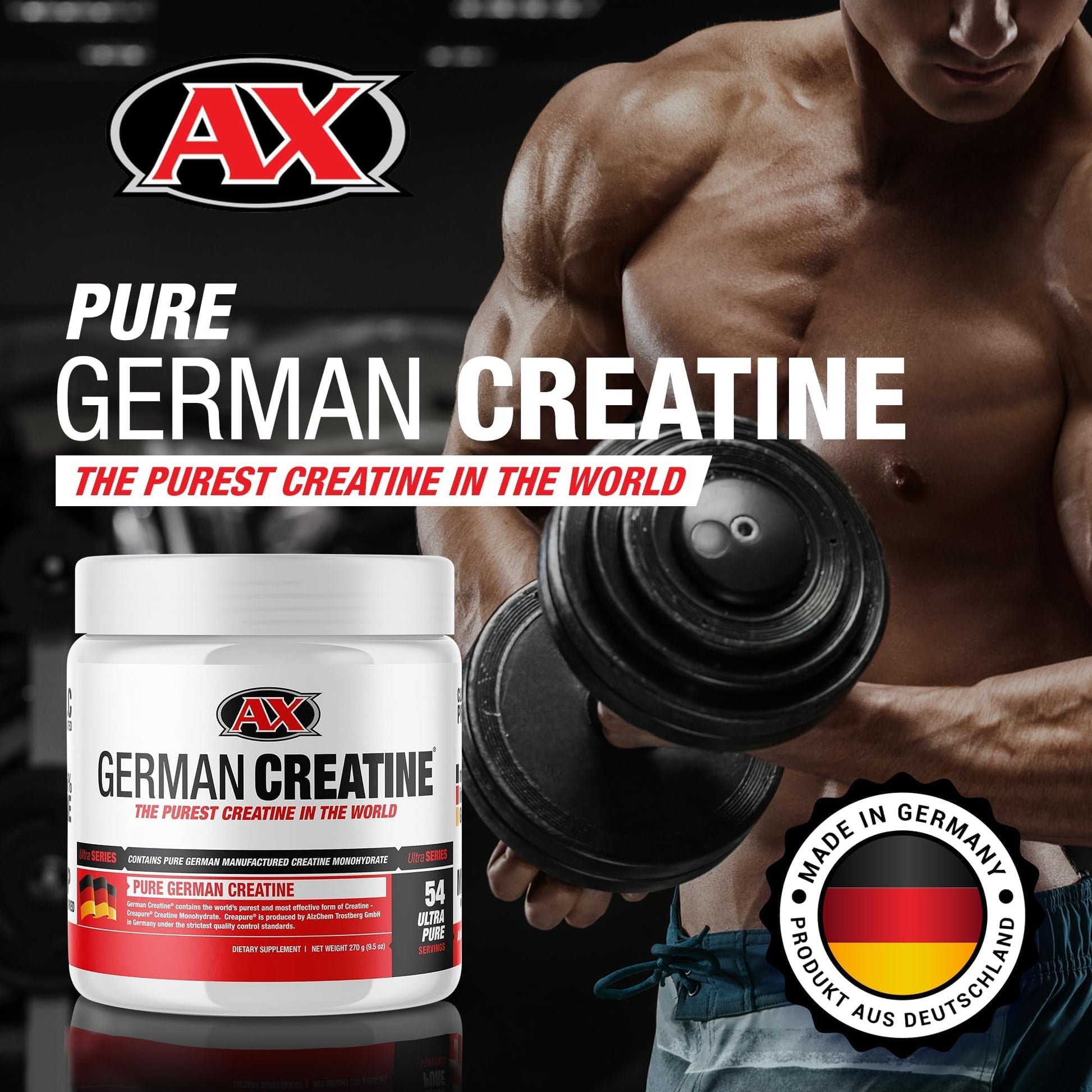 German Creatine - Micronized Creatine Monohydrate Powder, 99.99% Pure Creapure for Muscle Growth, Strength & Performance, Supports Muscle Recovery, 3rd Party Tested, Unflavored - 270g (54 Servings) German Creatine Au supplements