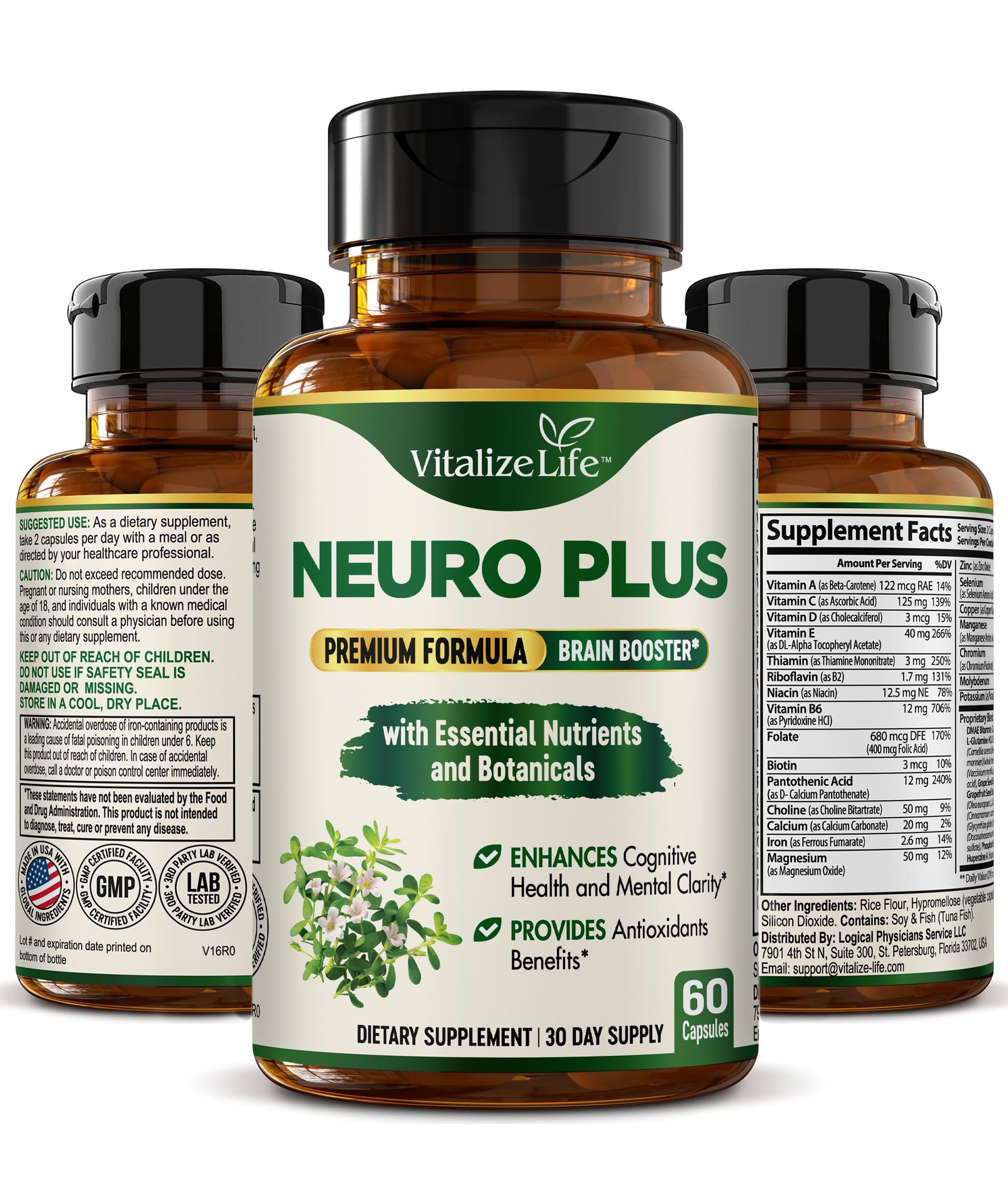 Neuro Plus Brain Supplement - Nootropic for Memory, Focus & Clarity - Neuro Brain and Focus Supplement with Bacopa Monnieri & DHA - Cognitive Support Formula - 60 Capsules Vitalize Life Au supplements