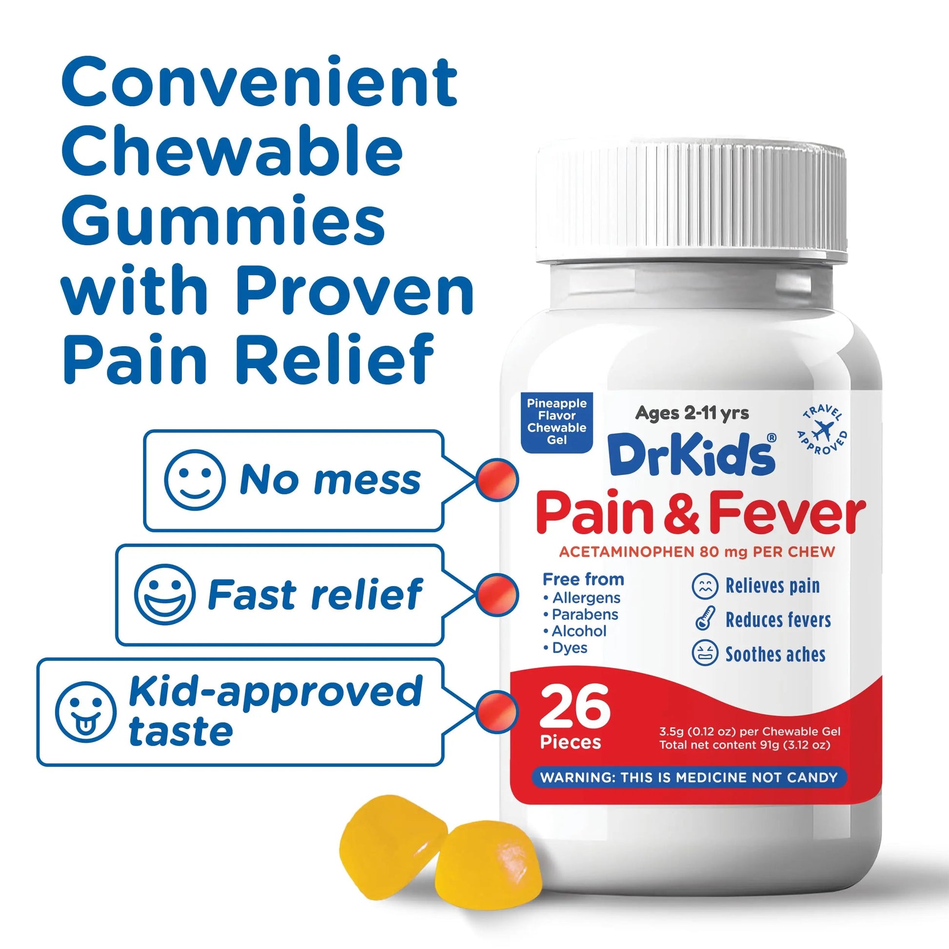 Dr. Kids Children’s Pain and Fever Chewable Gels – Pain Relief and Fever Reducer for Kids Ages 2–11, 80 mg Chewable Acetaminophen for Headache, Sore Throat, Cold & Flu, Pineapple Flavor, 26 Count Dr. Kids Au supplements