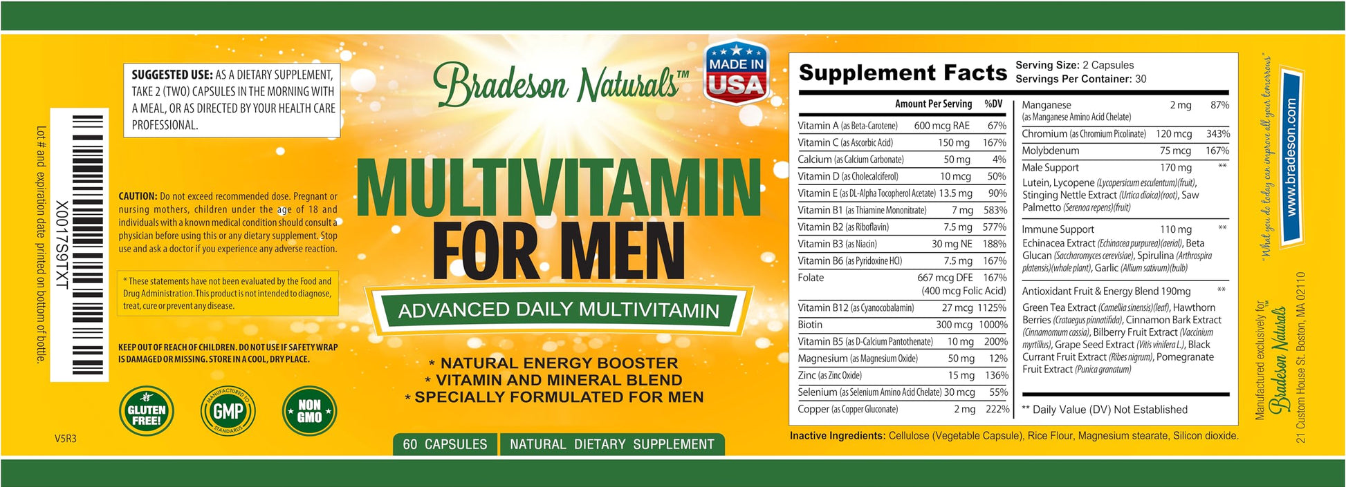 Bradeson Naturals Men's Multivitamin Supplement for Energy, Focus and Performance. Mens Vitamins A, C, D, E & B12, Zinc, Calcium, Magnesium & More. Multi Vitamin 60 Capsules Made in The USA Bradeson Naturals Au supplements