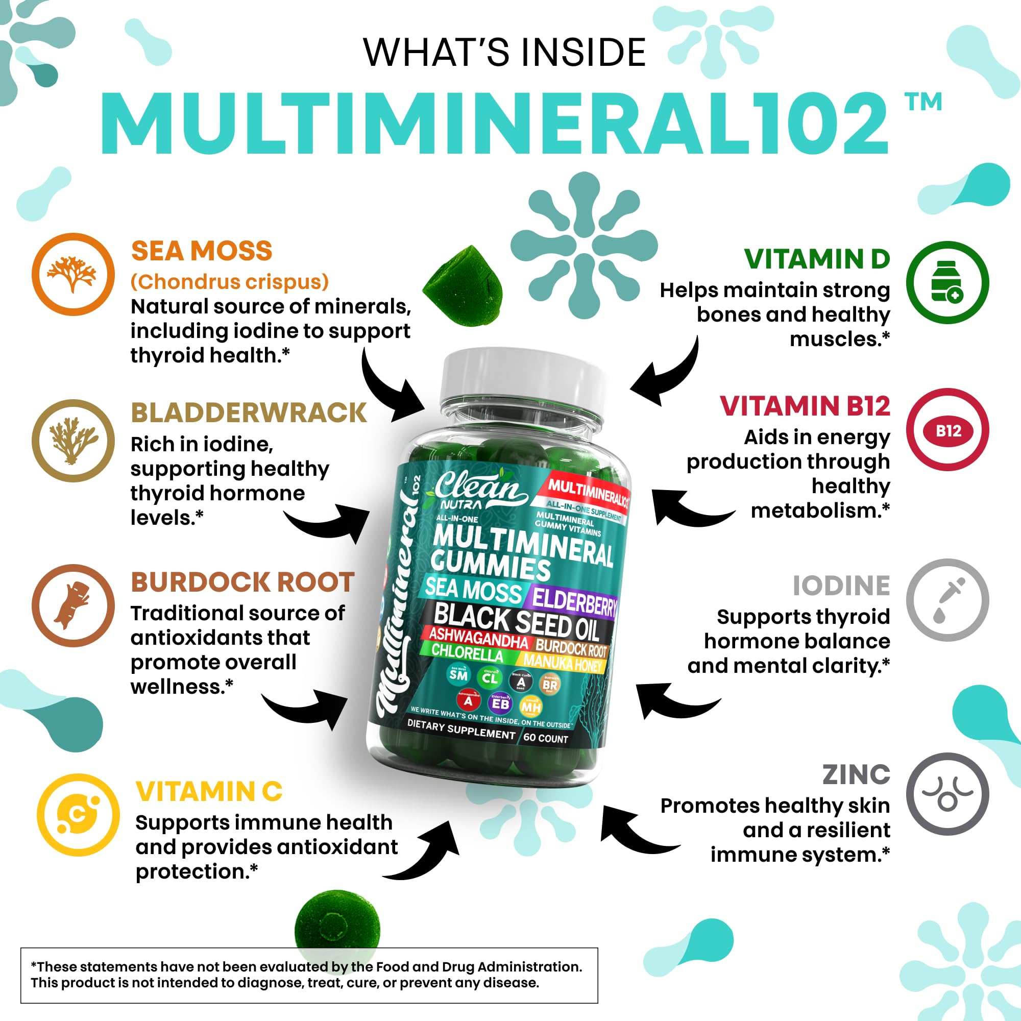 Sea Moss Gummies | Clinically Tested - Black Seed Oil Ashwagandha Elderberry Burdock Root Chlorella Manuka Honey - Vegan Irish Sea Moss Gummy Vitamins for Adults Kids Men Women - Green Apple Flavor Clean Nutraceuticals Au supplements