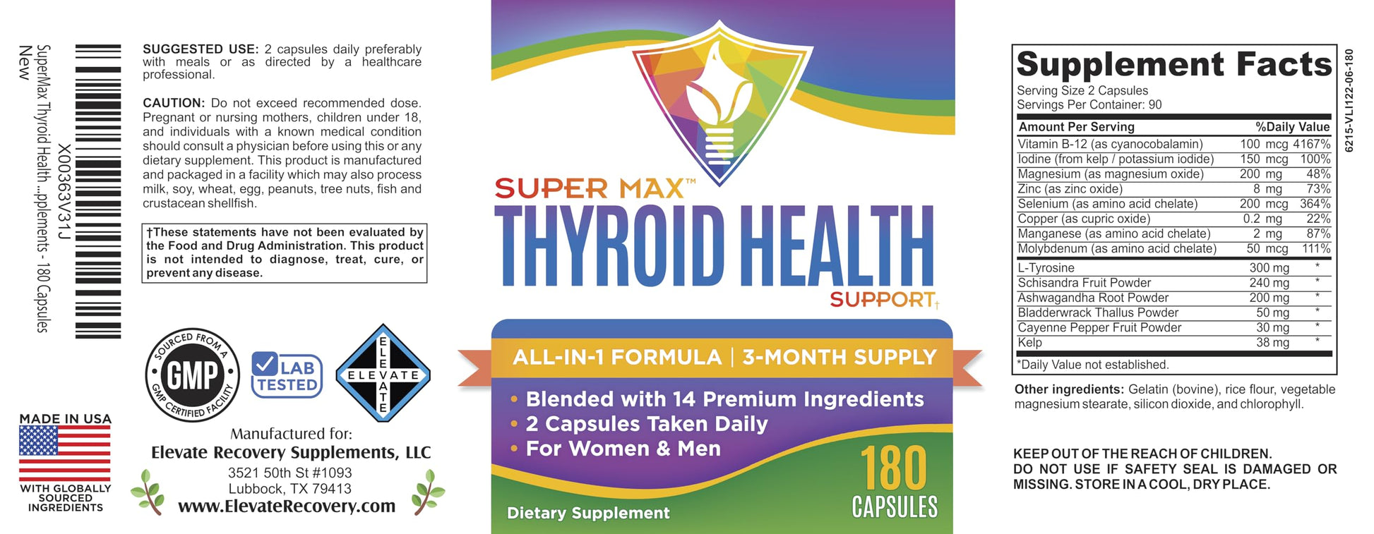 Thyroid Support (3-Month) Supplement All-in-1 with 14 Active Ingredients in 1 Formula | Thyroid Health Support Supplements | Women & Men | 90-Day Bulk Supply | 180 Capsules Elevate Recovery Supplements Au supplements