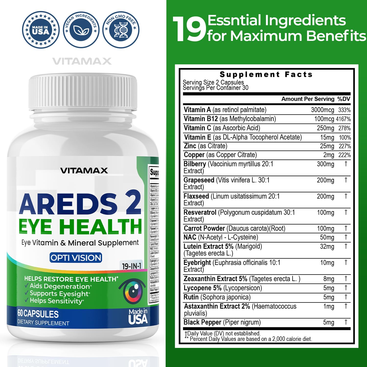AREDS 2 Eye Vitamins - Lutein, Zeaxanthin, Bilberry, Astaxanthin Mineral Vision Supplement - Supports Eye Strain, Dry Eyes, Pressure, and Vision Health - Made in USA - 120ct Vitamax Au supplements
