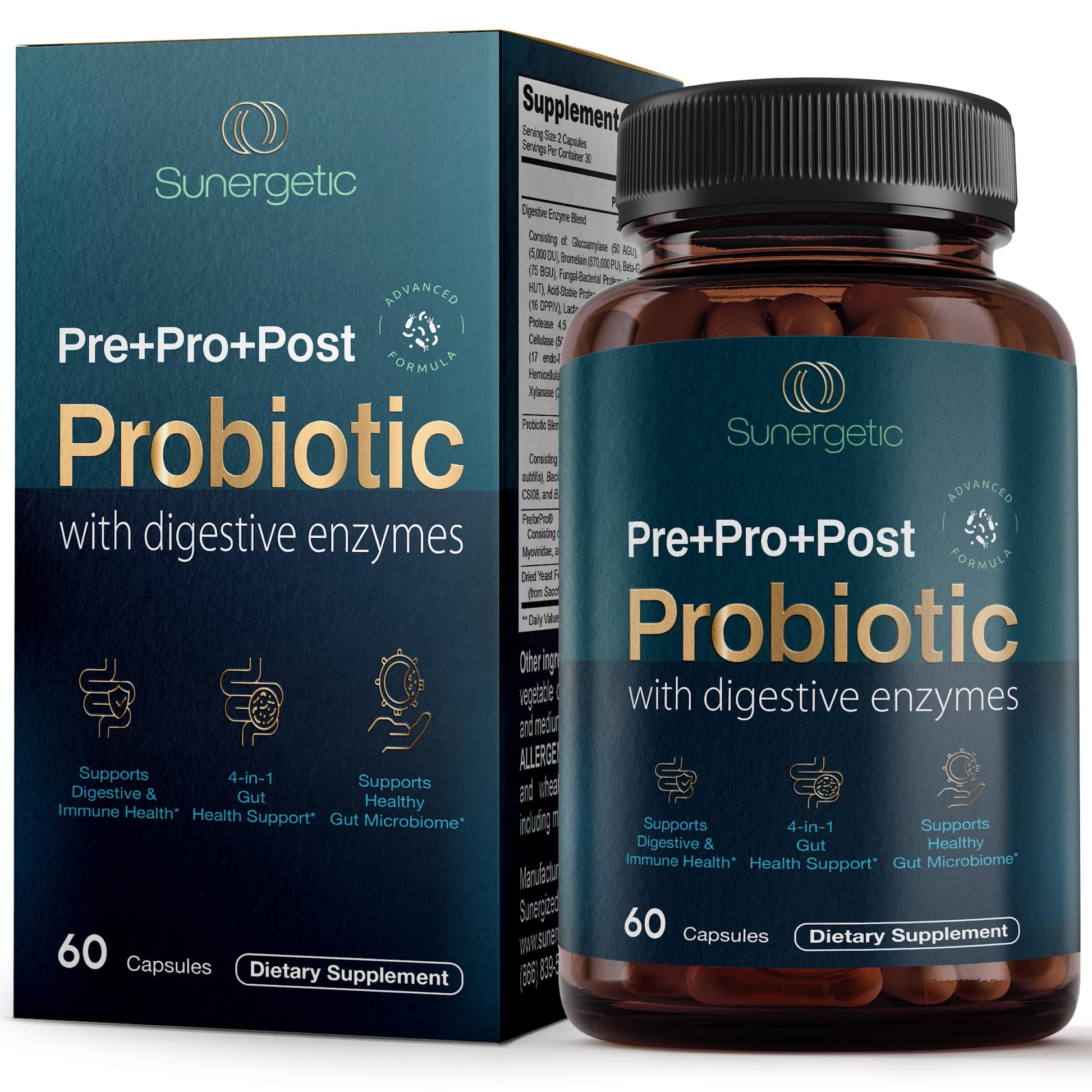 Premium 4-in-1 Probiotic Prebiotic, Postbiotic & Digestive Enzymes for Men & Women – Supports Gut, Digestion & Immunity –Complete Gut Health with Pre, Post, Probiotics & Digestive Enzymes–60 Capsules Sunergetic Au supplements