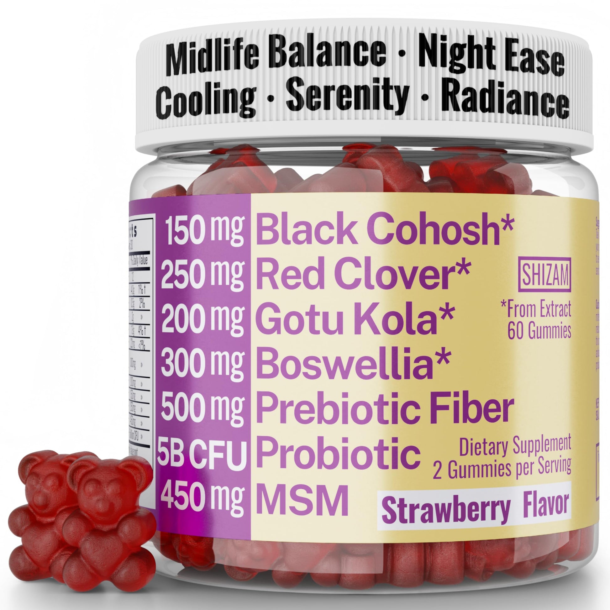 Boswellia Serrata Black Cohosh Gotu Kola Red Clover Extract Complex Gummies w. Probiotic Fiber (Chicory Root Inulin) MSM Methylsulfonylmethane, Supplement Alt for Organic Powder Capsules Tincture SHIZAM Au supplements