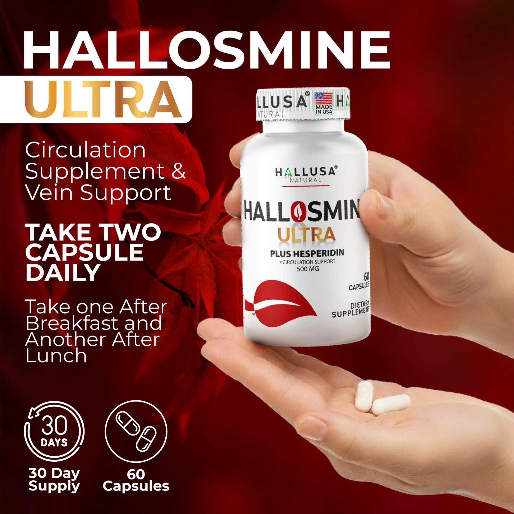 Hallosmine Ultra 650mg Diosmin Hesperidin, 60 Capsules + FREE Leg Cream with Diosmin, Hesperidin & Horse Chestnut, 4 oz | Blood Circulation & Vein Support Supplement, GMO Free, Gluten Free Hallusa Natural Au supplements