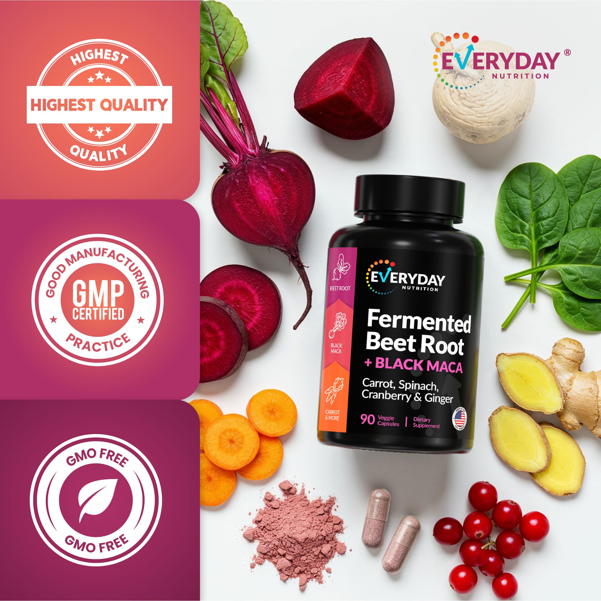 EVERYDAY NUTRITION Organic Fermented Beet Root & Black Maca Capsules with Carrot, Spinach, Cranberry & Ginger | Superfood for Energy, Stamina & Wellness | 90 Veggie Capsules | Made in USA EVERYDAY NUTRITION Au supplements