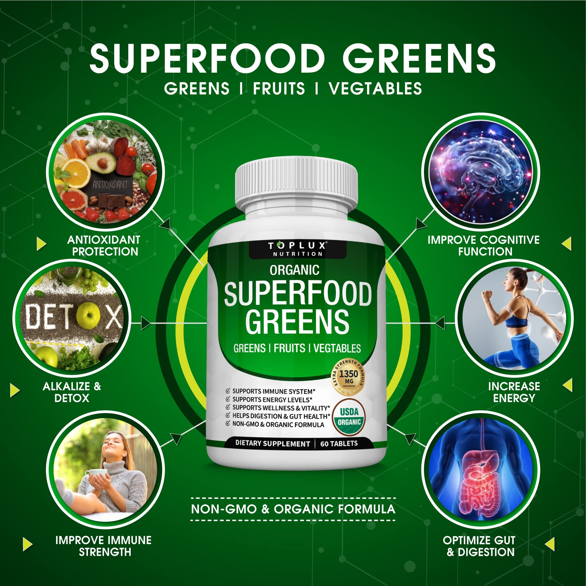 Organic Super Greens Capsules Superfood Fruit Veggie Supplement - 28 Powerful Natural Toplux Au supplements