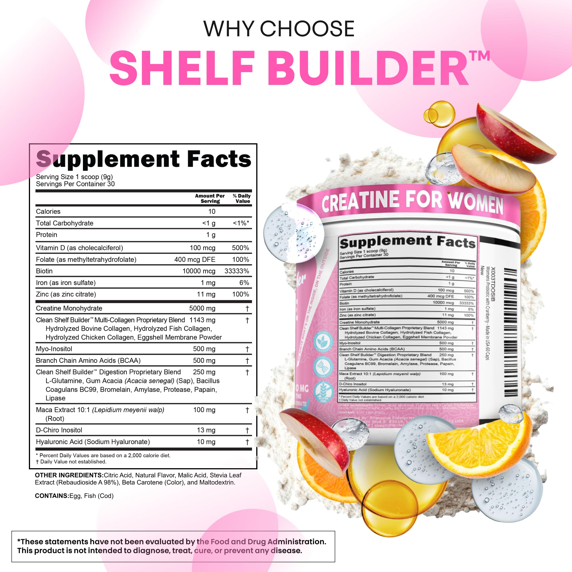 Creatine for Women | Creatine Monohydrate + BCAA Powder Myo-Inositol Collagen Biotin Hyaluronic Acid Folate L Glutamine Vitamin D3 Iron Zinc D-Chiro-Maca Digestion Shelf Builder by Clean Nutra Clean Nutraceuticals Au supplements