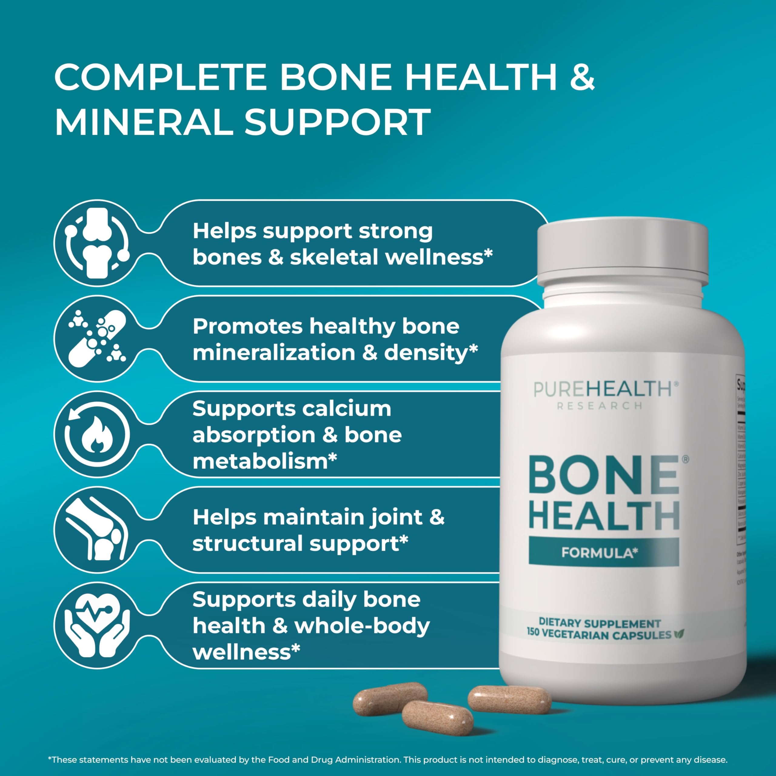PUREHEALTH RESEARCH Bone Health Formula - for Bones, Joint & Skeletal Wellness - with Calcium, Magnesium, Zinc, Copper, Manganese, Potassium, Vitamin K2, D3, C & More for Women & Men - 150 Capsules PUREHEALTH RESEARCH Au supplements