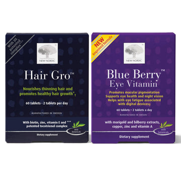 NEW NORDIC Hair & Eye Support Tablets Bundle, Hair GRO Natural Hair Growth and Blue Berry Eye Vitamin Supplements NEW NORDIC Au supplements