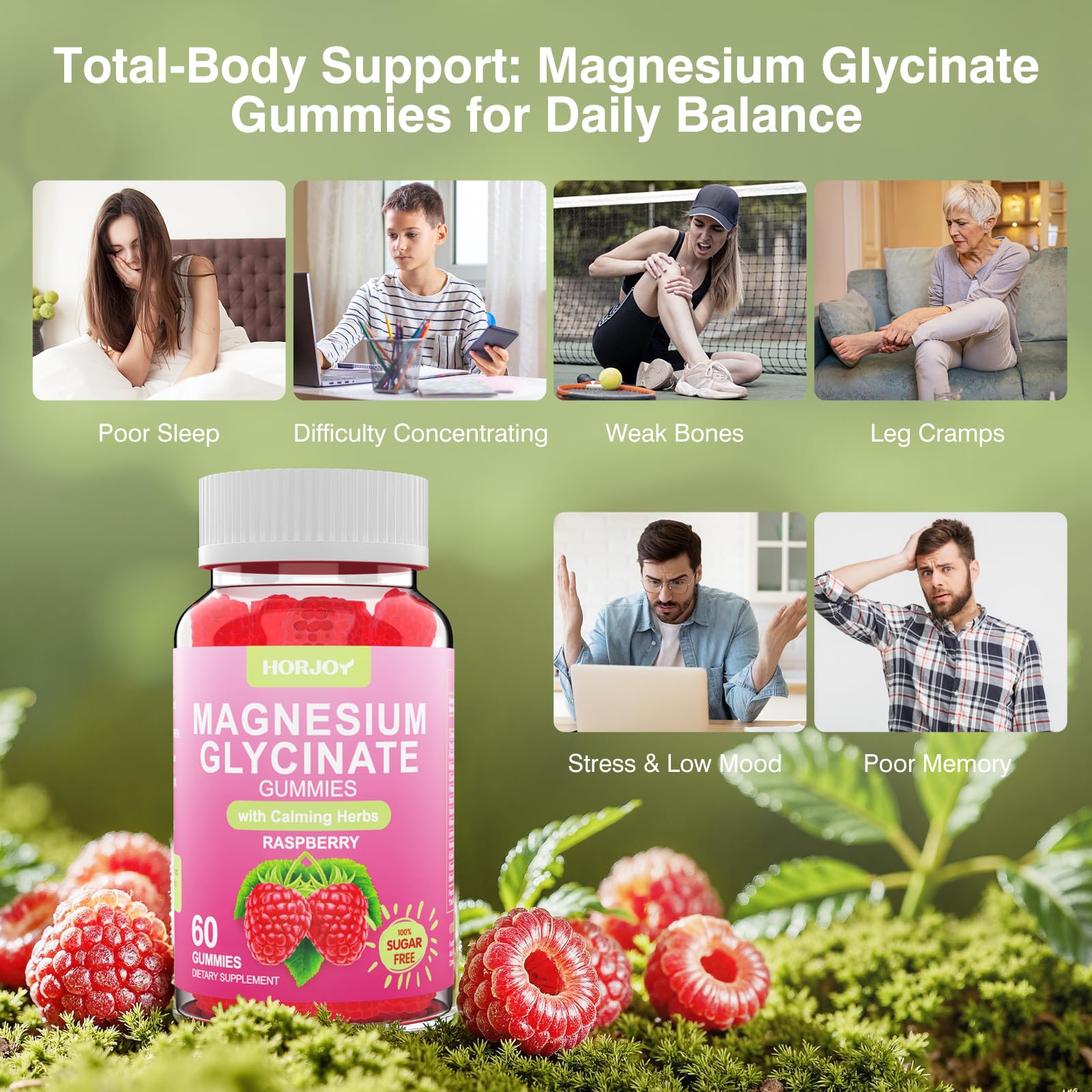 Magnesium Glycinate Gummies 600mg, Sugar Free Magnesium Gummies for Adults with Ashwagandha, Lemon Balm & GABA for Sleep, Mood Support and Relaxation, Vegan, 60 Raspberry Horjoy Au supplements