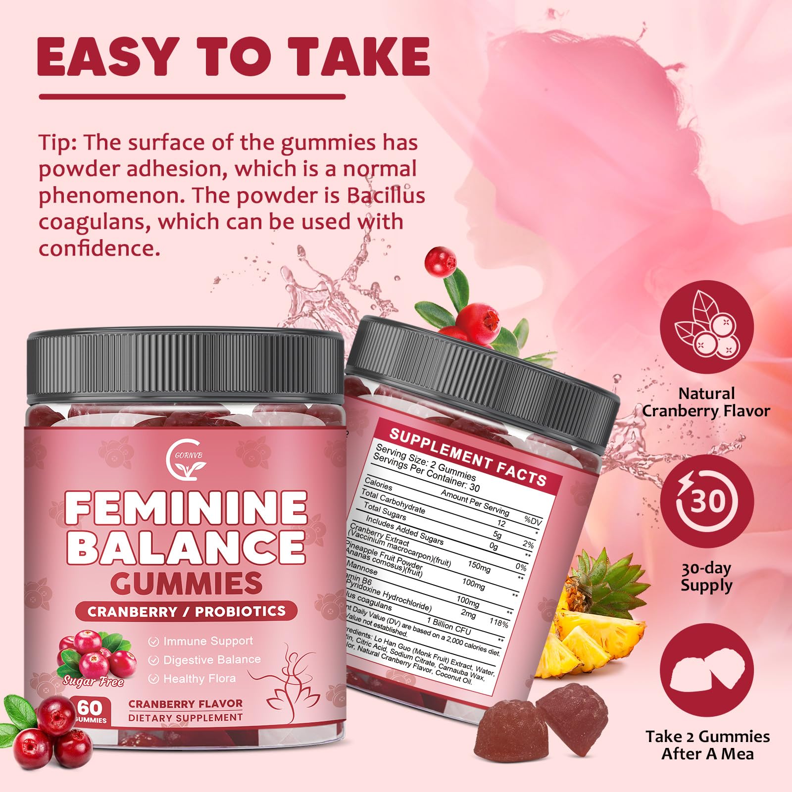 GORNVB Premium Feminine Balance Gummies for Women, Support pH Balance & Vaginal Probiotics Health Gummies with Cranberry Pineapple Powder, D-Mannose, Sugar Free, Gluten Free, Vegan GORNVB Au supplements