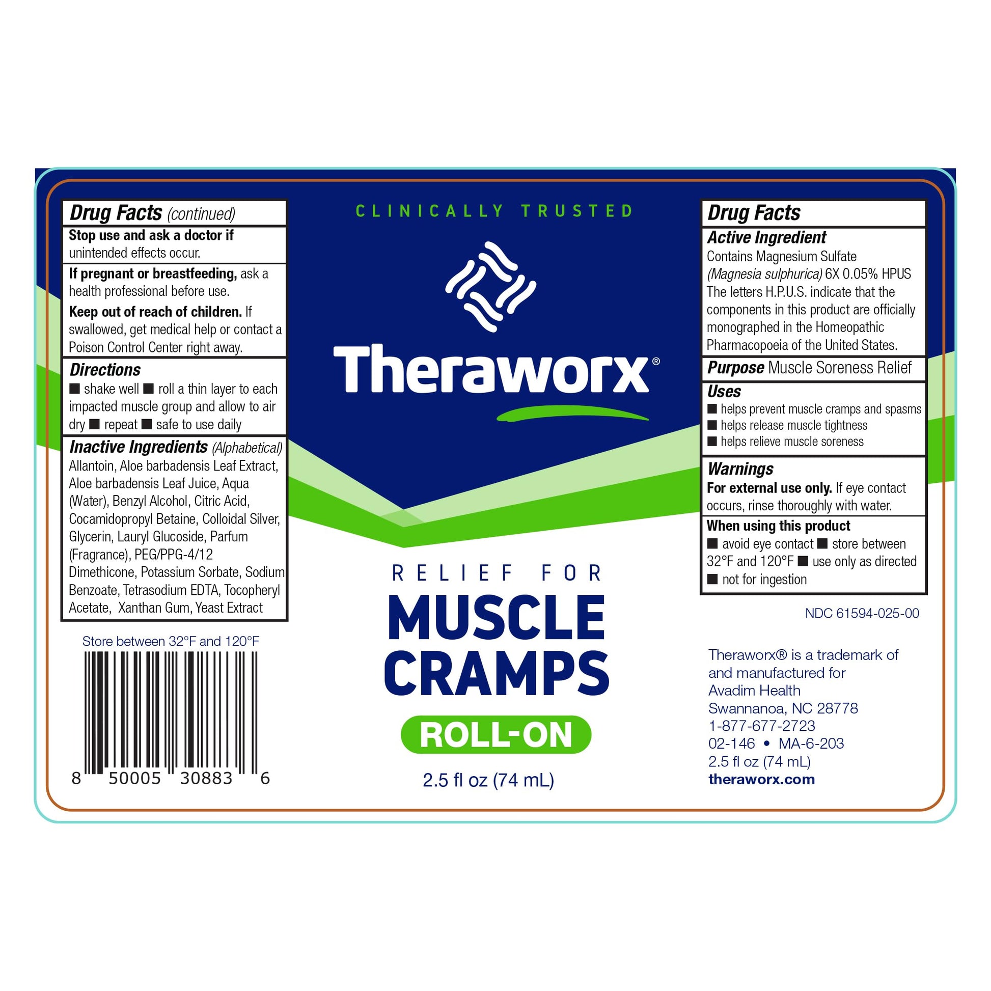 Theraworx Relief for Muscle Cramps Roll-On Fast-Acting Muscle Spasm, Leg Soreness with Magnesium Sulfate - 2.5 oz - 1 Count Theraworx Au supplements