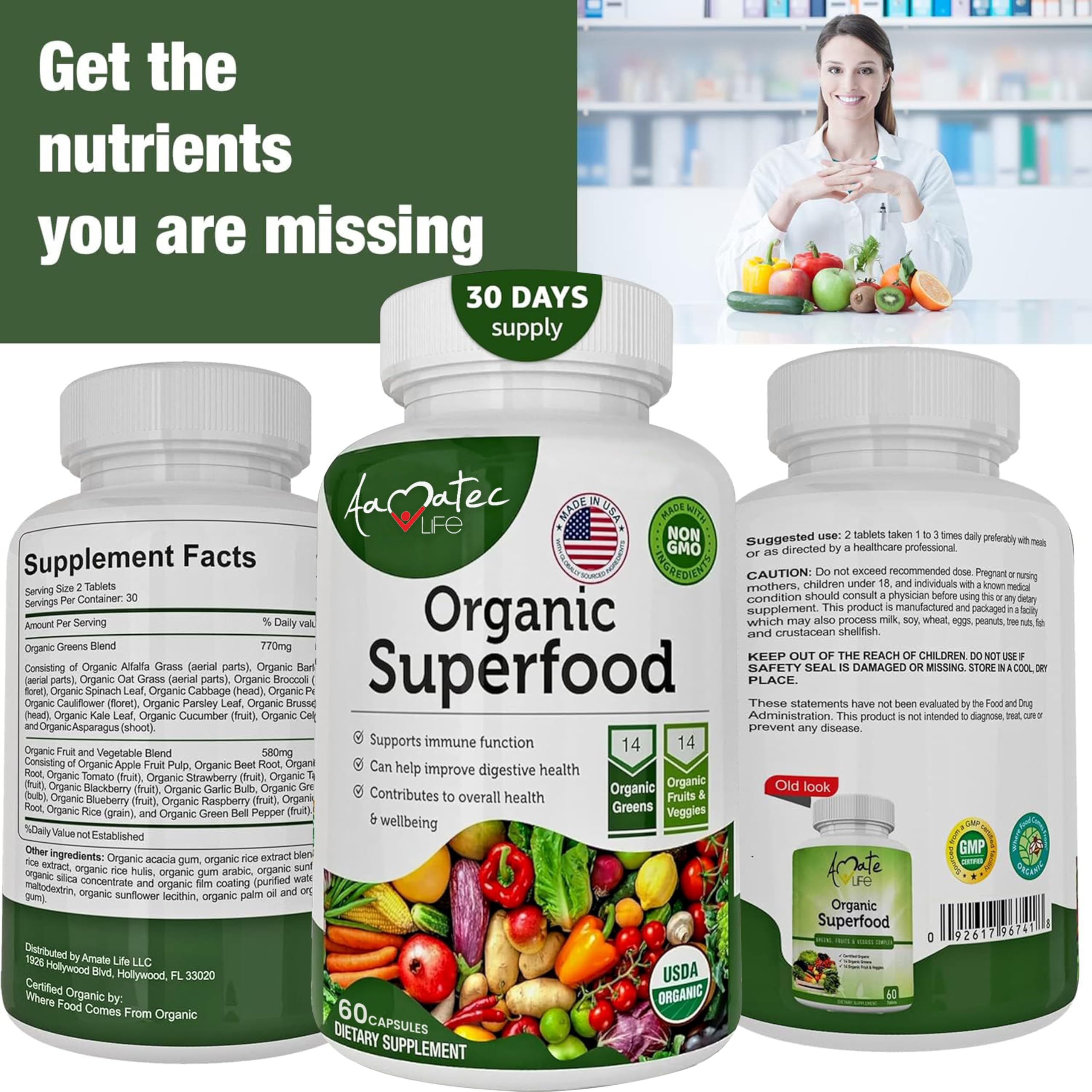 AAMATEC LIFE Organic Superfood Greens Fruits and Veggies Complex - Dietary Supplement with 14 Greens &14 Vegetables with Alfalfa Rich in Antioxidants Organic Ingredients Non-GMO (120 Count Pack of 2) AAMATEC LIFE Au supplements