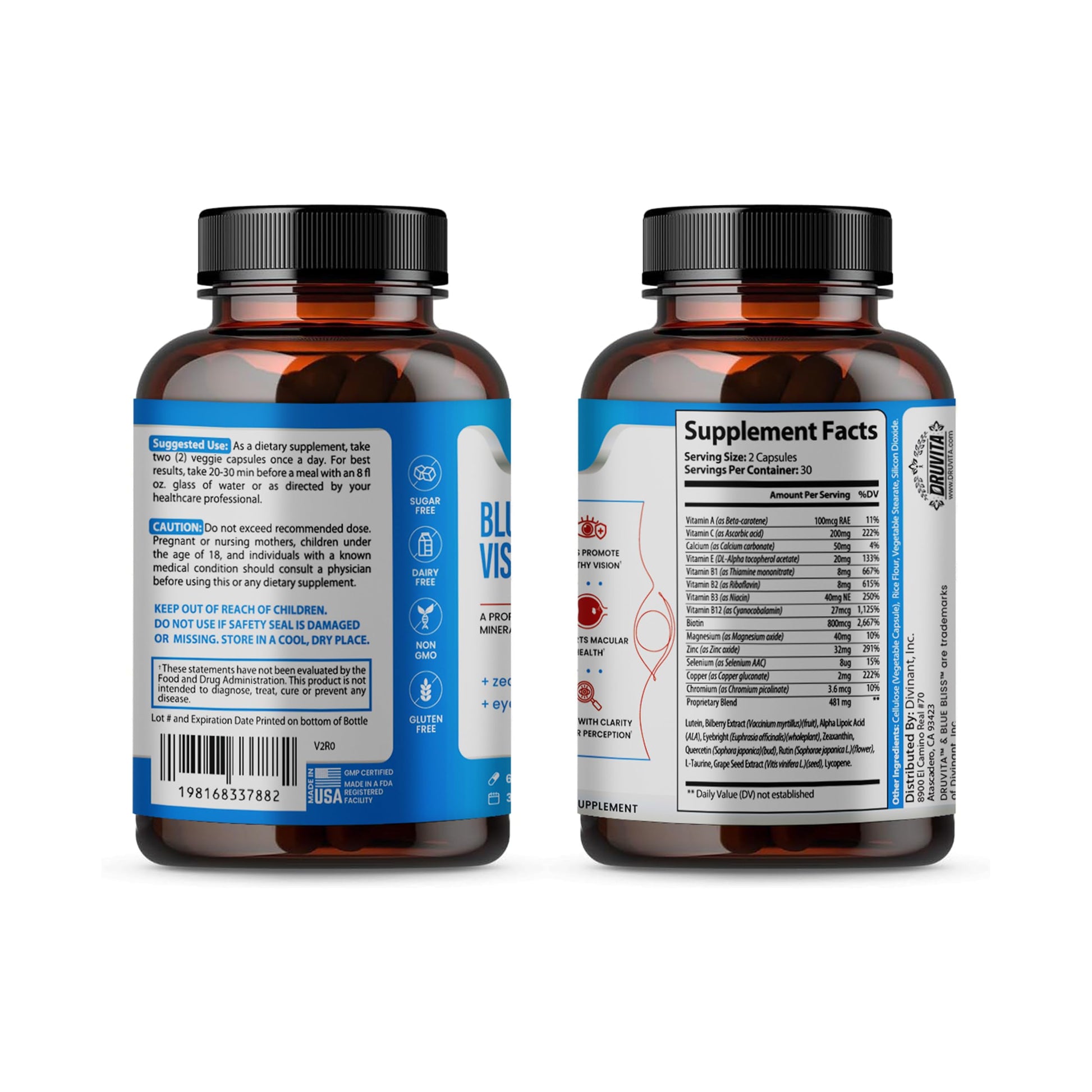 Blue Bliss Vision Support - Eye Vitamins with Lutein, Biotin, Bilberry and Zeaxanthin - Vitamin Supplement for Vision Health and Preservation for Adults Seniors 60 Veggie Capsules 30 Day Supply Druvita Au supplements