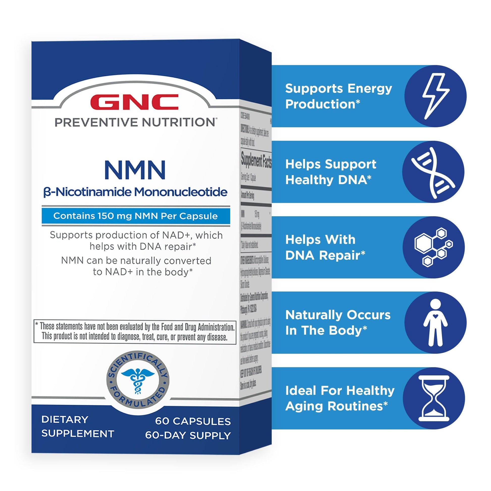 GNC Preventive Nutrition NMN, 150 mg, NAD+ Booster Supplement for Cellular Energy & DNA Repair, Anti-Aging Support, 60 Capsules, Gluten Free, 60 svg GNC Au supplements