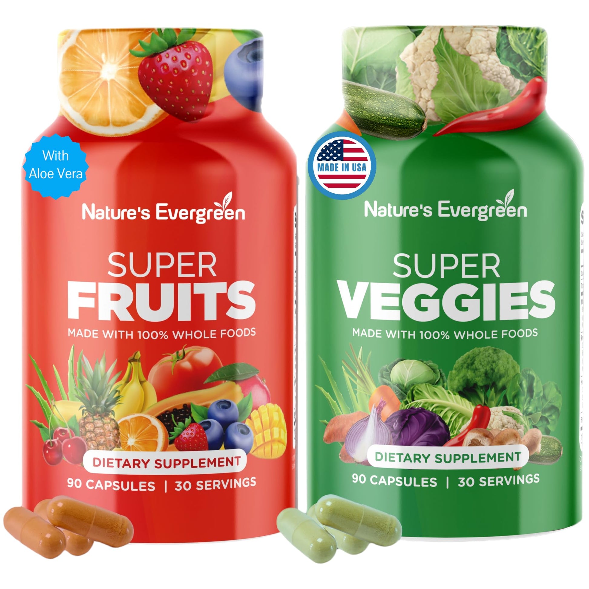 Fruits and Veggies Supplement - Nature Fruits and Vegetables Supplements - Vegan, Non GMO, Soy Free, Superfood Vitamins & Minerals Nutritional Balance - (Total 180 Capsules - Pack of 2) Made in USA Nature's Evergreen Au supplements