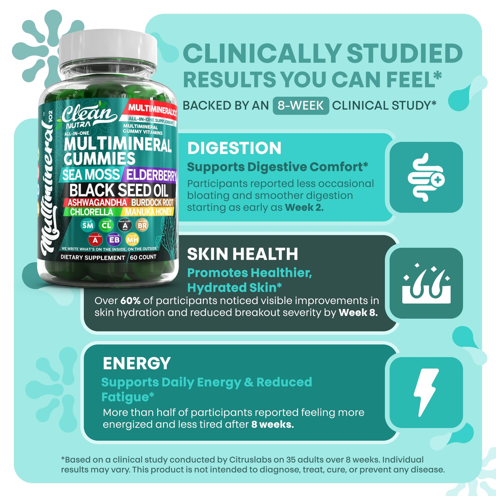 Sea Moss Gummies | Clinically Tested - Black Seed Oil Ashwagandha Elderberry Burdock Root Chlorella Manuka Honey - Vegan Irish Sea Moss Gummy Vitamins for Adults Kids Men Women - Green Apple Flavor Clean Nutraceuticals Au supplements