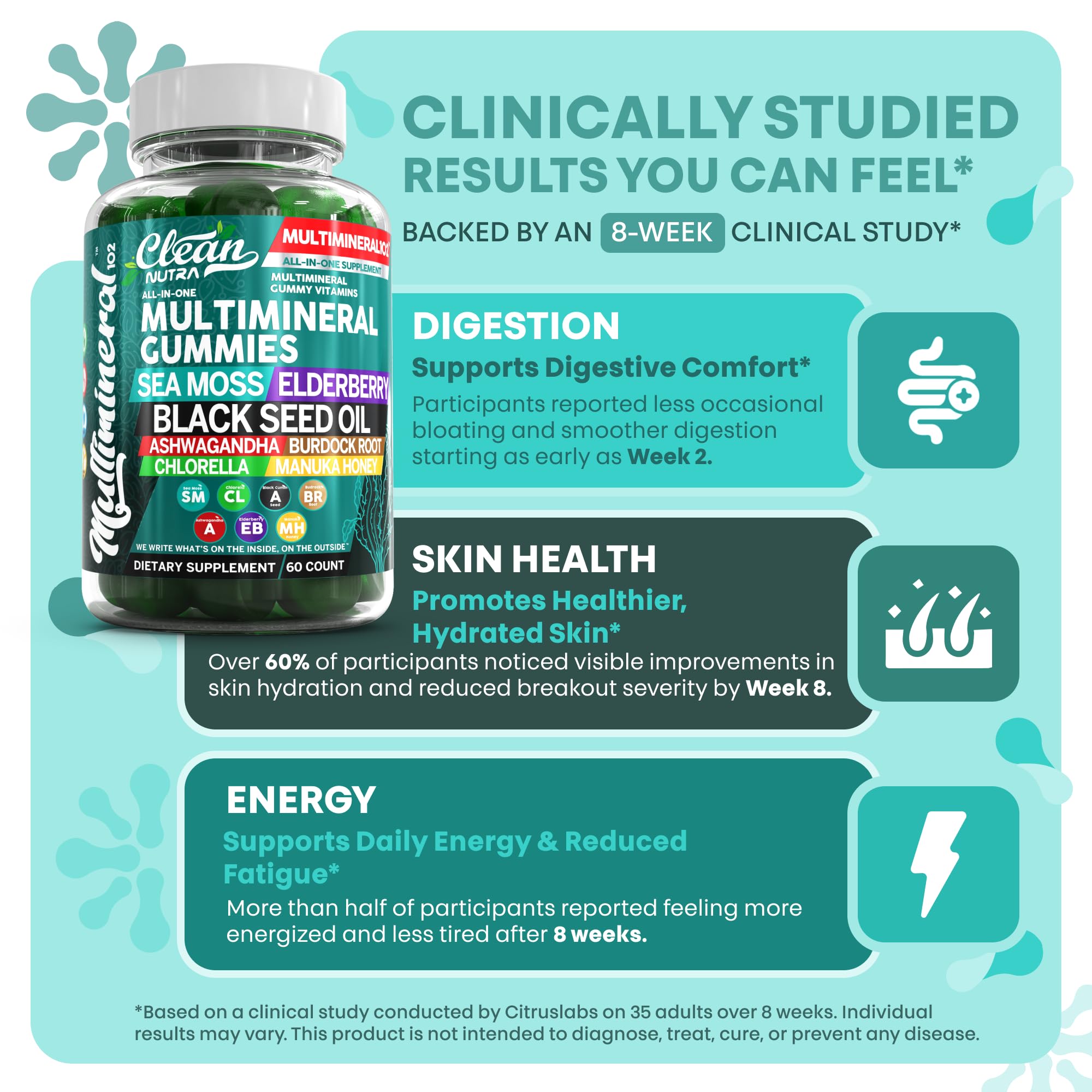 Sea Moss Gummies | Clinically Tested - Black Seed Oil Ashwagandha Elderberry Burdock Root Chlorella Manuka Honey - Vegan Irish Sea Moss Gummy Vitamins for Adults Kids Men Women - Green Apple Flavor Clean Nutraceuticals Au supplements