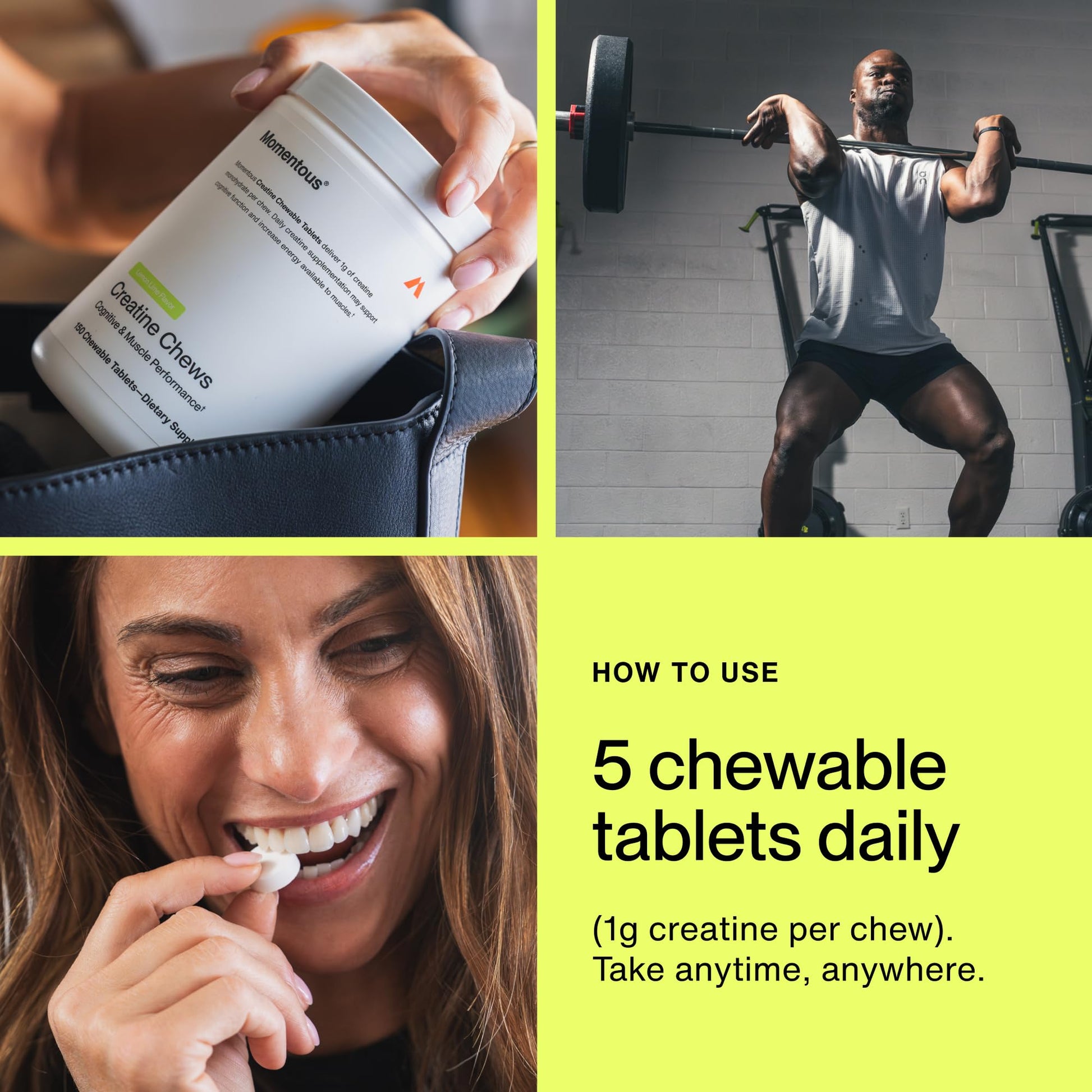 Momentous Creatine Chews - Creatine Monohydrate - Supports Strength, Lean Muscle, & Recovery for Men & Women - NSF Certified for Sport - 150 Chewable Tablets - Lemon Lime Momentous Au supplements