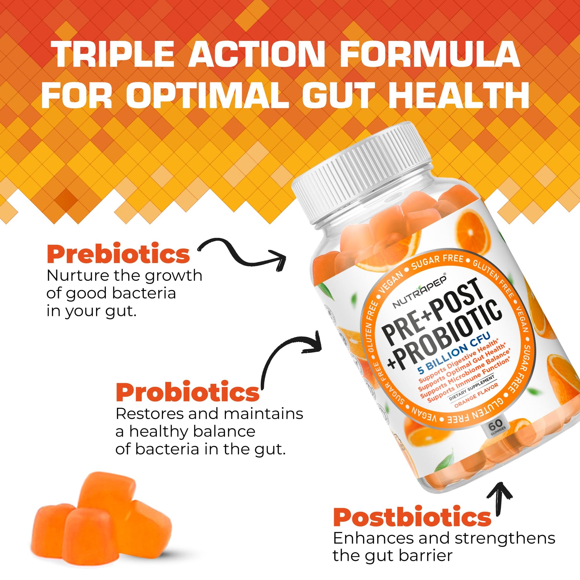 NutraPep Prebiotic Probiotic & Postbiotic Gummies for Women Men & Kids Children - High Potency 5 Billion CFU - Sugar-Free & Gluten 60 Count (Pack of 2) NutraPep Au supplements