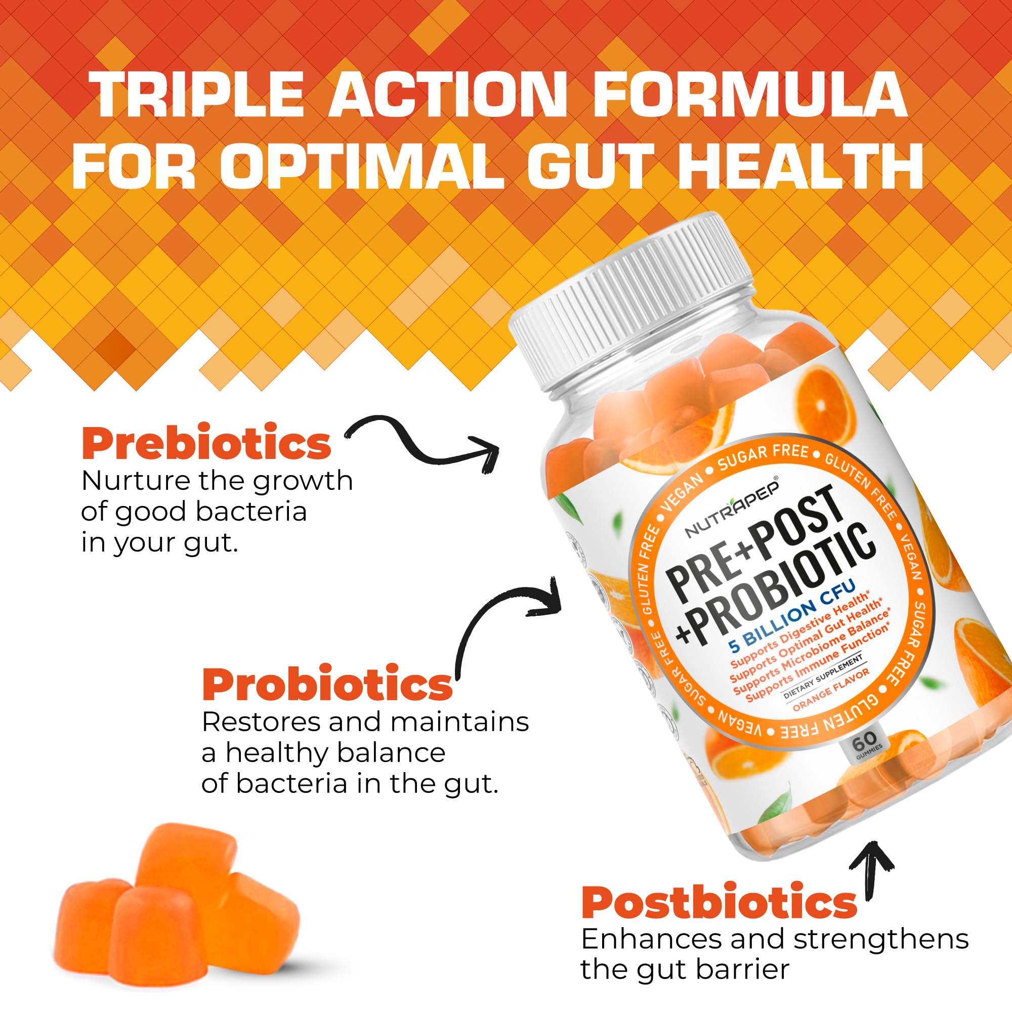 NutraPep Prebiotic Probiotic & Postbiotic Gummies for Women Men & Kids Children - High Potency 5 Billion CFU - Sugar-Free & Gluten 60 Count (Pack of 2) NutraPep Au supplements