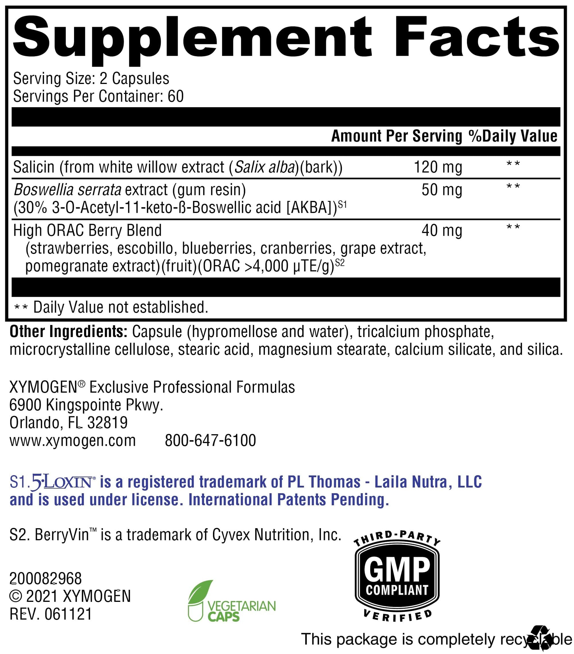 XYMOGEN Saloxicin - Antioxidant Support Supplement - Grape Seed Extract, Pomegranate Fruit & Cranberry Supplement - White Willow Bark & Boswellia Extract - 120 Capsules XYMOGEN Au supplements
