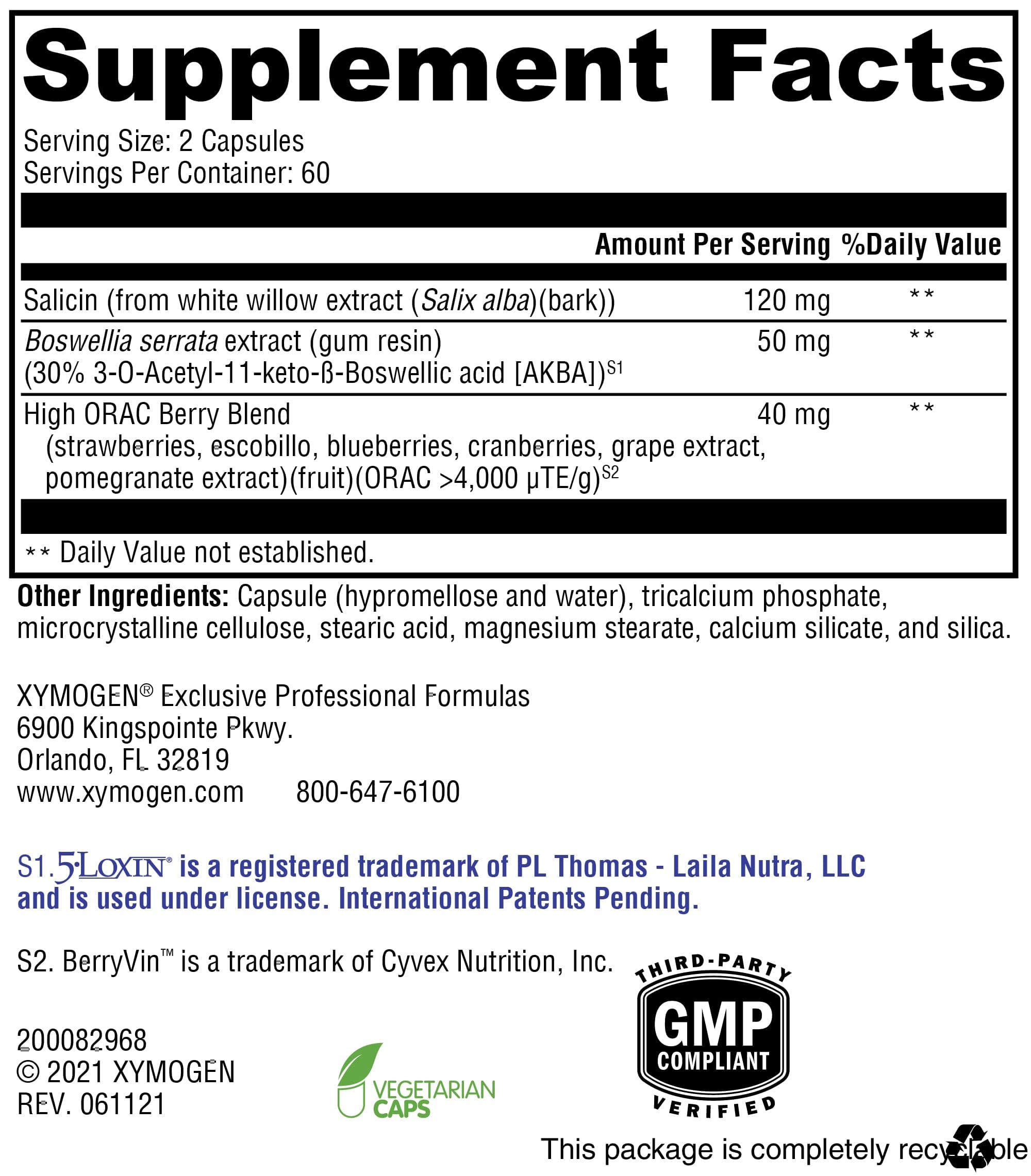 XYMOGEN Saloxicin - Antioxidant Support Supplement - Grape Seed Extract, Pomegranate Fruit & Cranberry Supplement - White Willow Bark & Boswellia Extract - 120 Capsules XYMOGEN Au supplements