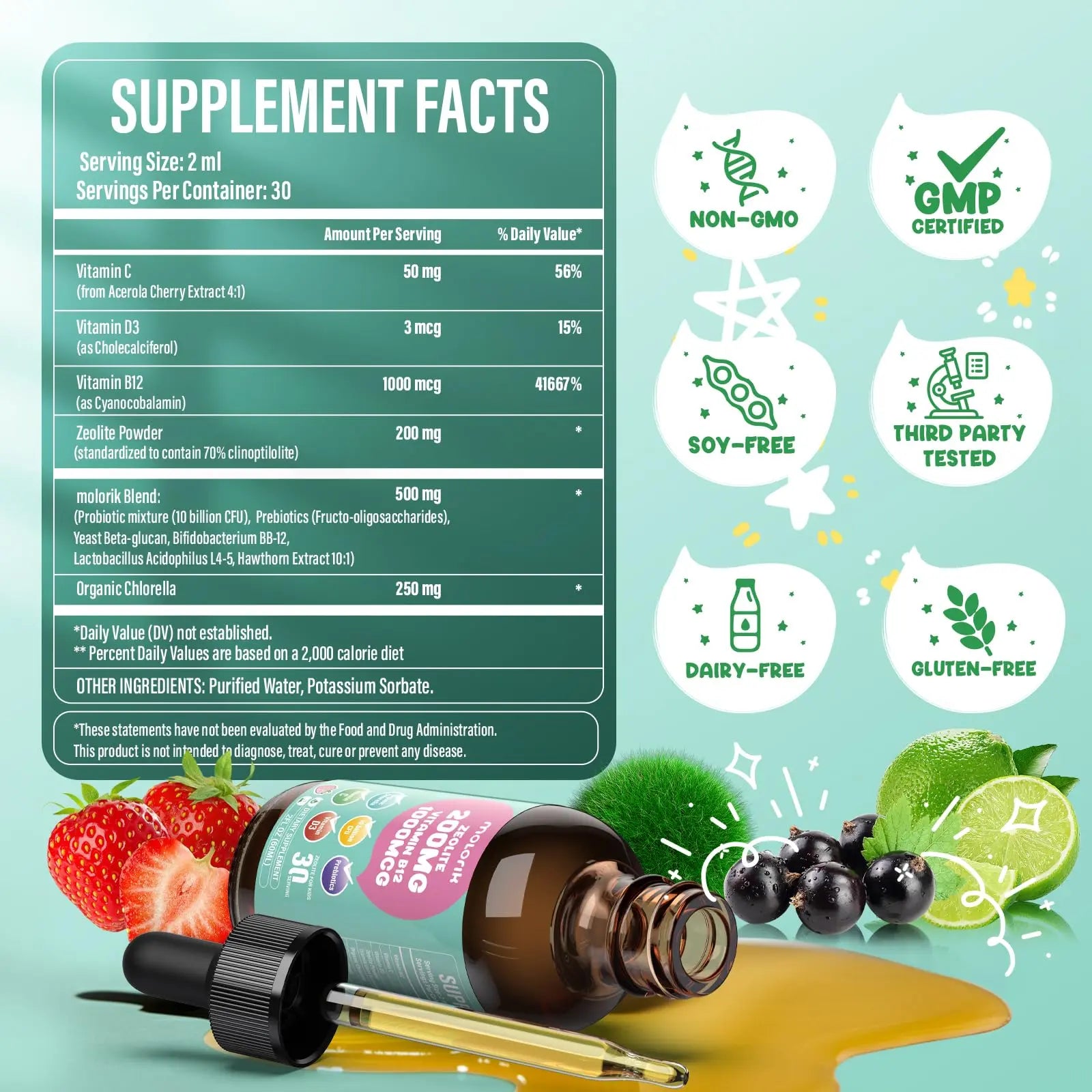 Zeolite Detox for Kids and Adults, 200mg Zeolite Liquid Drops with 1000mcg Vitamin B12, Organic Chlorella, 10 billion CFU & Prebiotics for Gut Support & Speech, Immune, Bone, Energy*, Strawberry, 60ML molorik pure Au supplements