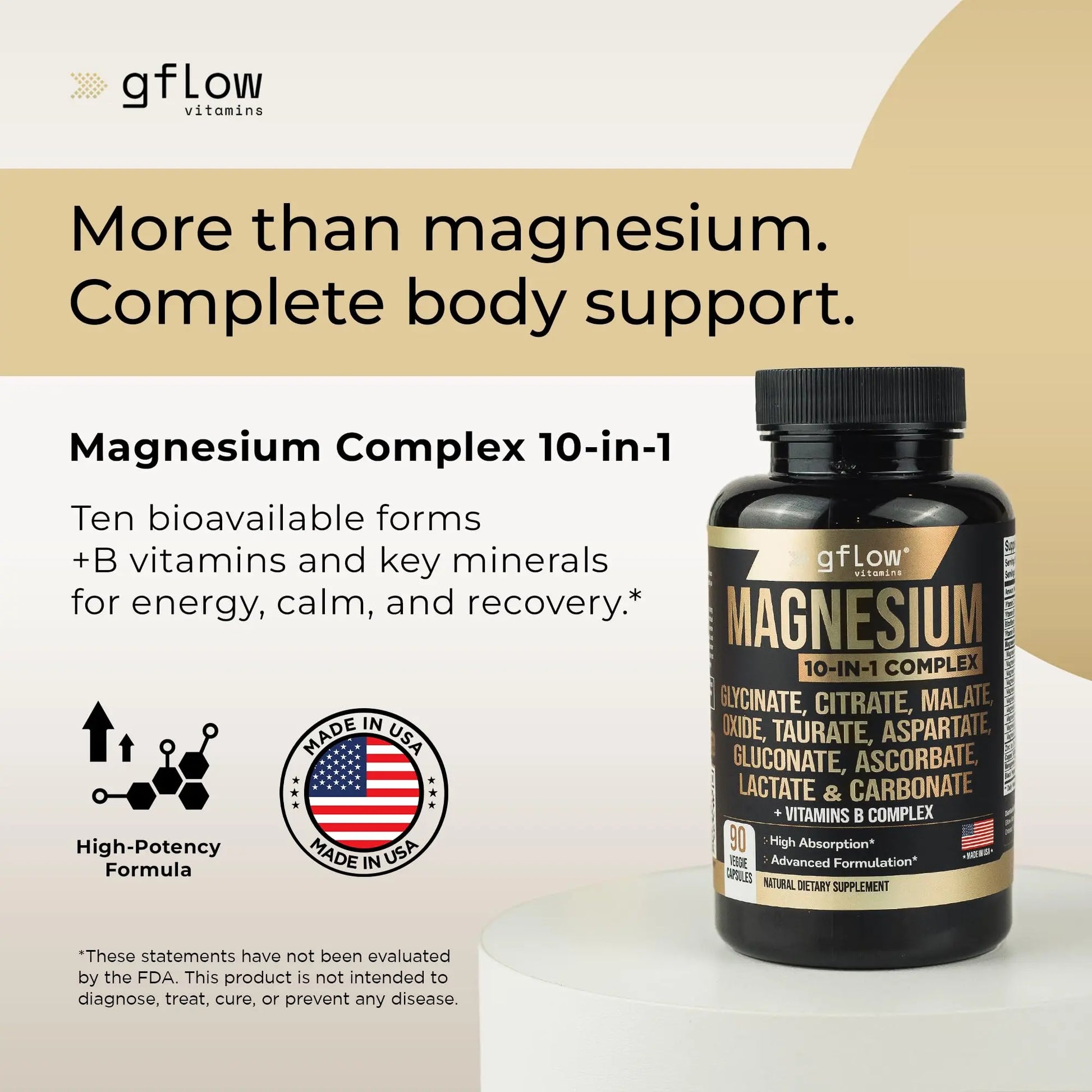 gflow vitamins Magnesium Complex Supplement - 10 Active Forms, Glycinate, Citrate, Malate, Oxide, Taurate, Aspartate, Gluconate, Ascorbate, Lactate, Carbonate, Plus More with Vitamin C B1 B2 B6 B12 gflow vitamins Au supplements