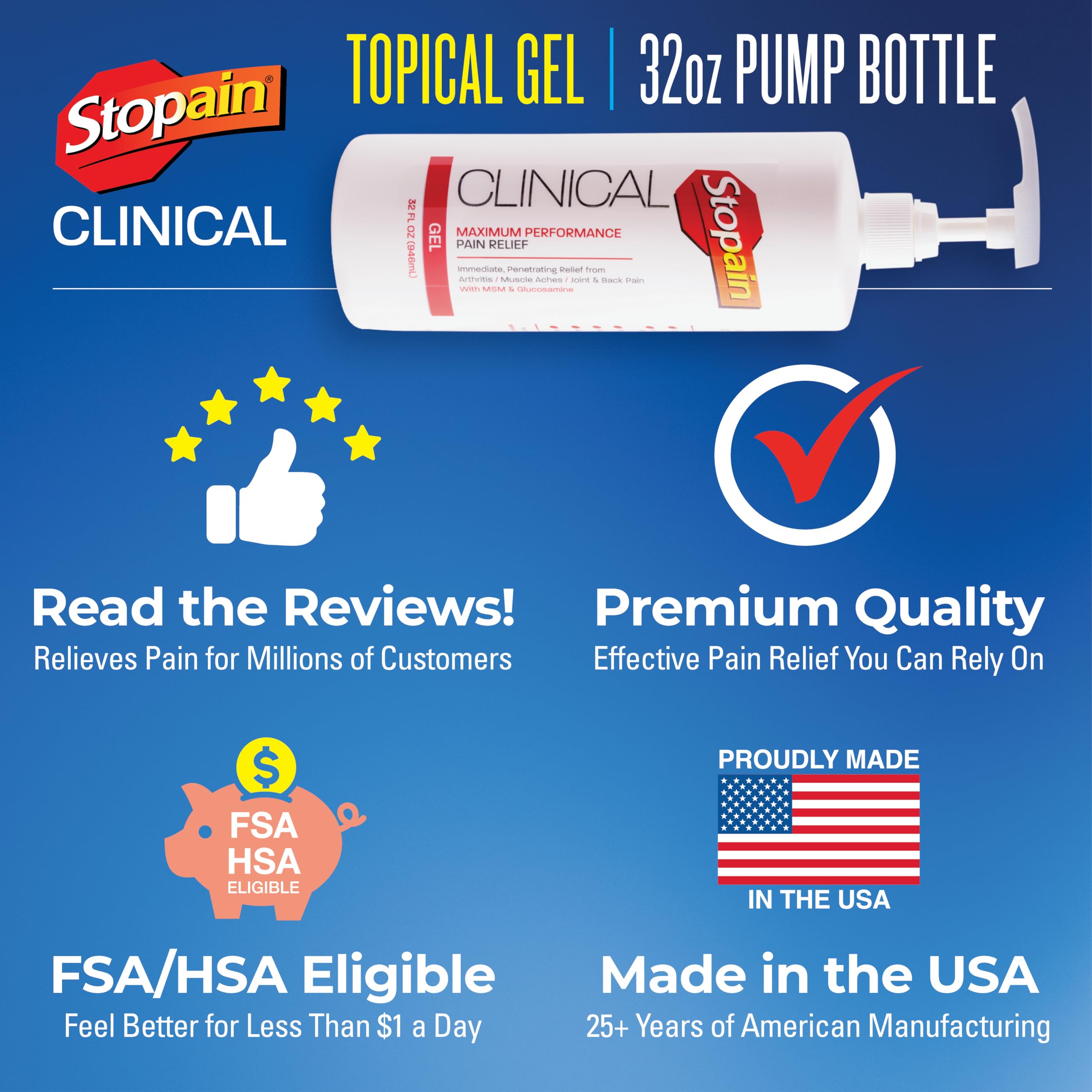 Stopain Clinical Pain Relief Gel 32 oz - Professional Formula for Arthritis, Knee, Back & Muscle Pain - Maximum Strength Gel for Joint & Nerve Pains with 10% Menthol Plus Glucosamine - Made in USA Stopain Au supplements