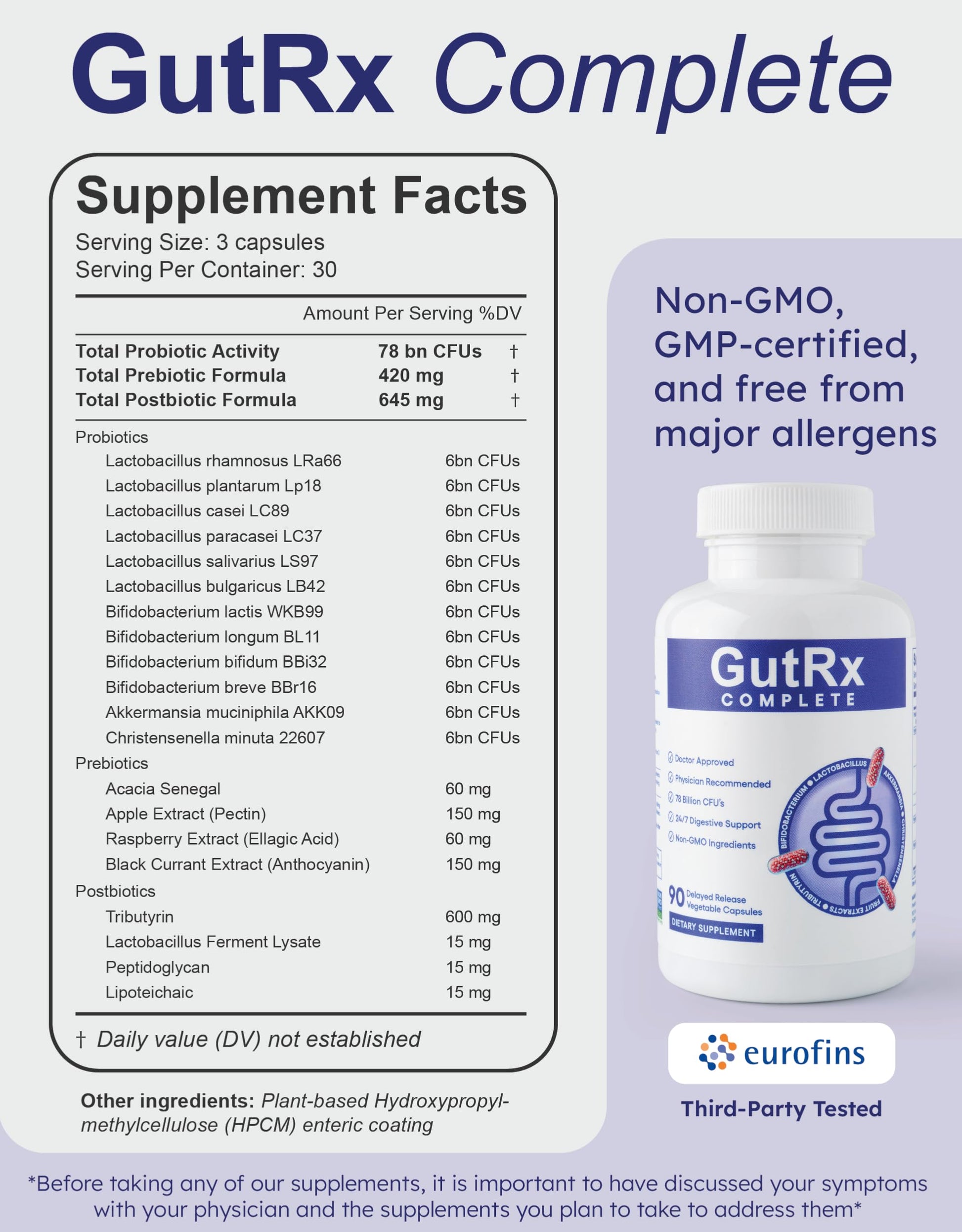 GutRx Complete Probiotic, Prebiotic, Postbiotic, GLP-1 Alternative with Akkermansia & Christensenella for Gas, Bloating, Gut Barrier & Microbiome Support – 78 Billion CFU – Enteric-Coated – 90 Count GutRx Au supplements
