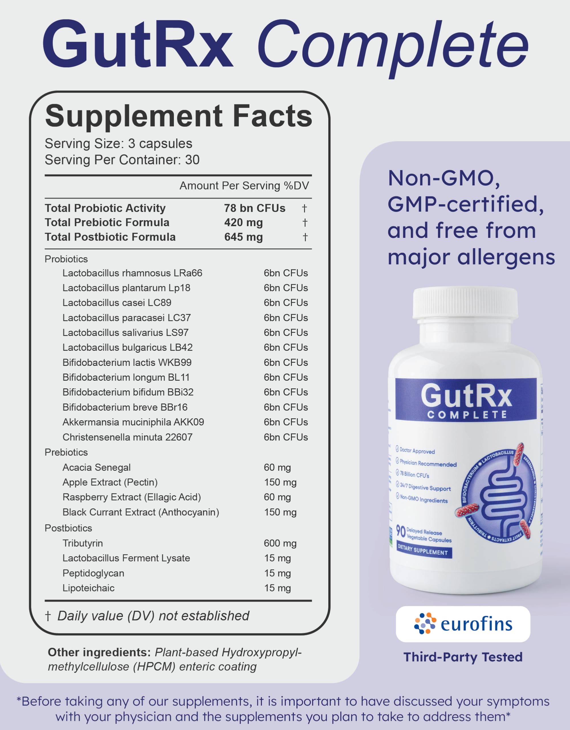 GutRx Complete Probiotic, Prebiotic, Postbiotic, GLP-1 Alternative with Akkermansia & Christensenella for Gas, Bloating, Gut Barrier & Microbiome Support – 78 Billion CFU – Enteric-Coated – 90 Count GutRx Au supplements