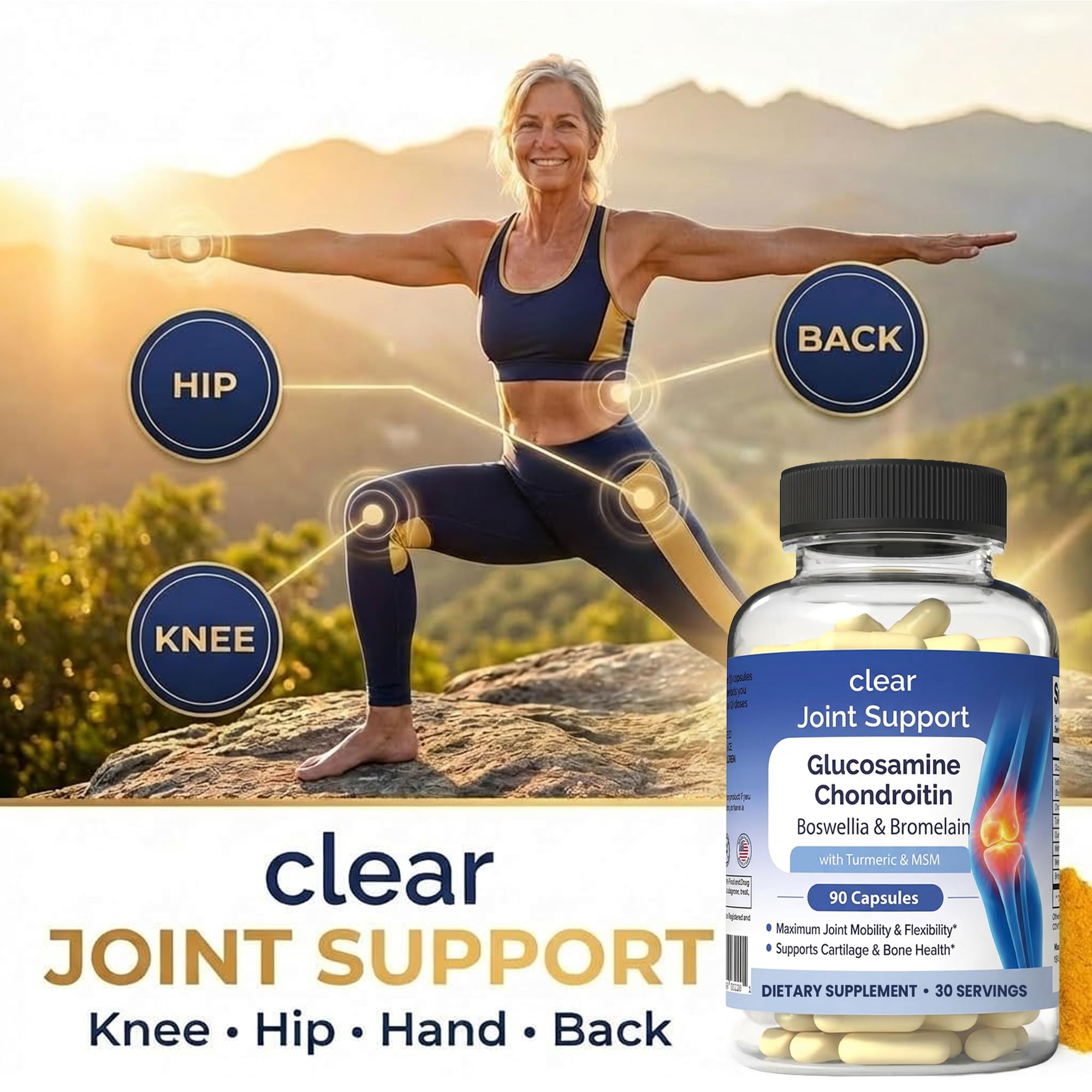 Clear Joint Support - 3-Month Supply | 3-Pack (270 Capsules) | Glucosamine Chondroitin MSM, Turmeric & Boswellia | Supports Knee, Hip & Back Health | Made in USA Clear Probiotics Au supplements