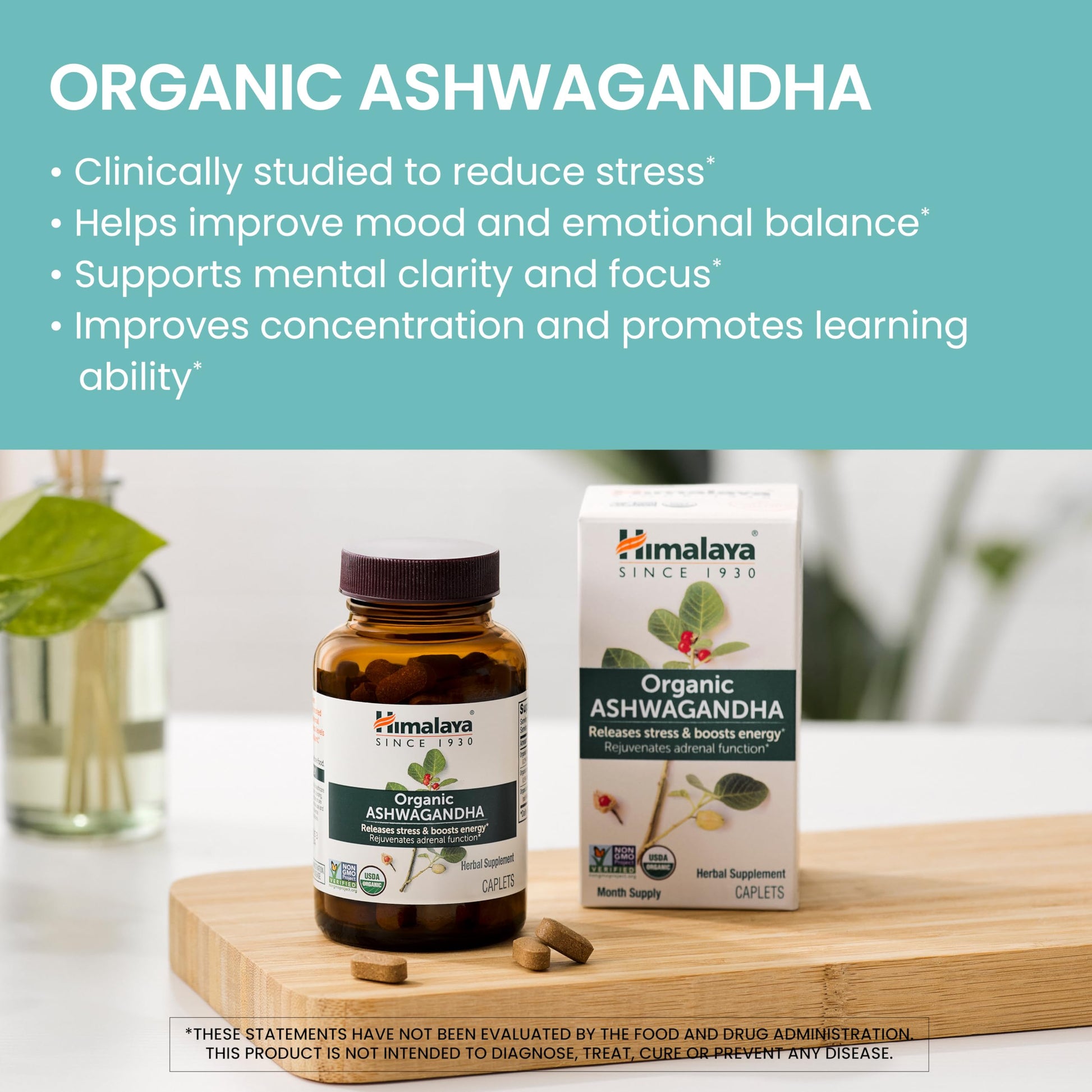 Himalaya Organic Ashwagandha Root, 120 Day Supply - Herbal Adrenal Support Supplements for Stress Relief and Energy Support - USDA Organic, Non-GMO, Vegan, Gluten Free, 60 Caplets, 2 Pack Himalaya Au supplements