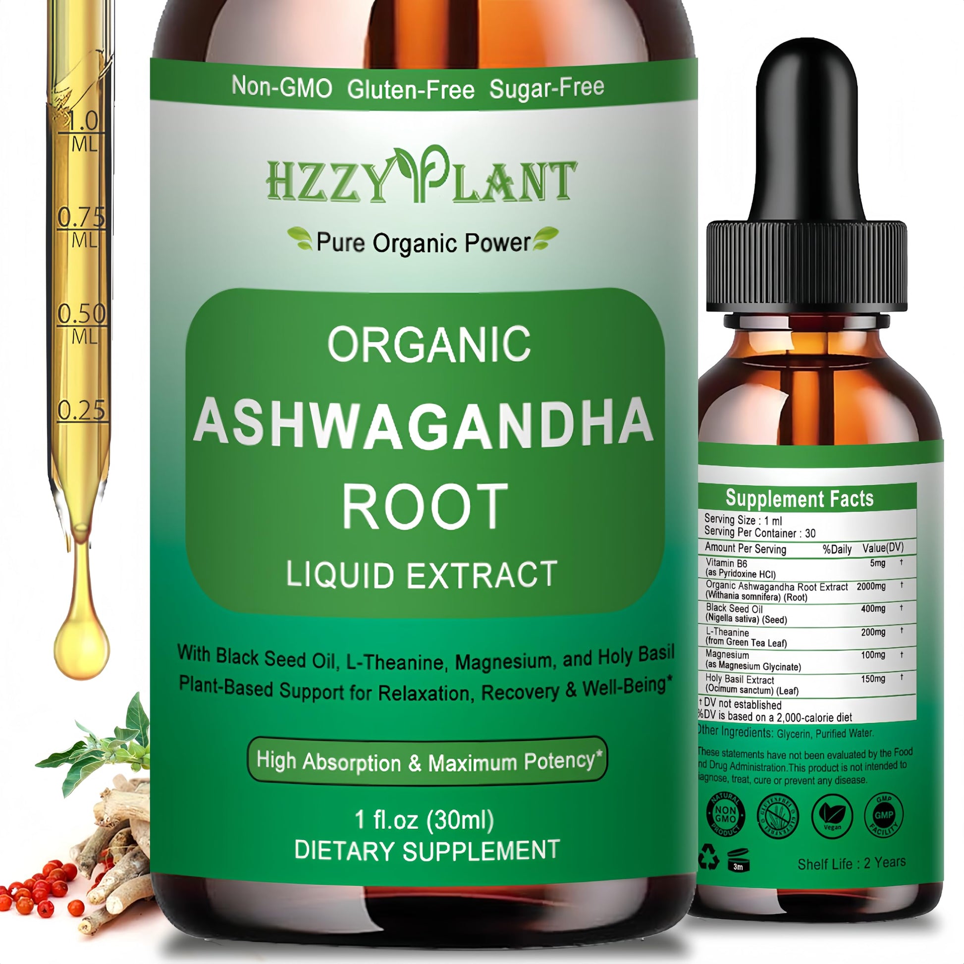 Organic Ashwagandha Drops,High Absorption Ashwagandha Extract Tincture for Stress Relief,Relaxation,Cortisol Support,Ashwagandha for Women & Men with Magnesium,L Theanine,Black Seed Oil,Vegan,Non-GMO HZZYPLANT Au supplements