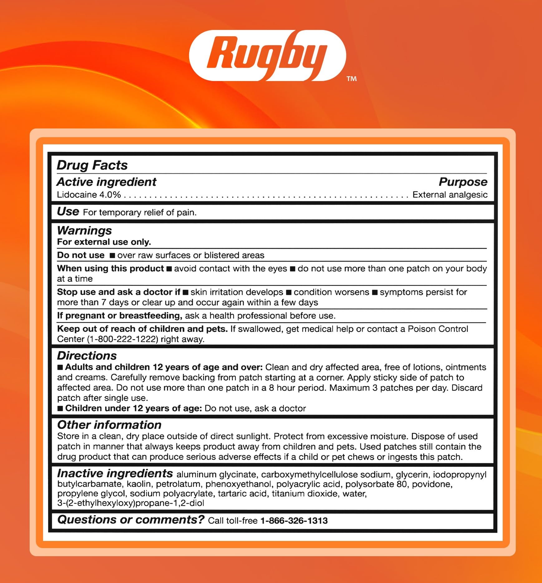 Rugby Maximum Strength 4% Lidocaine Pain Relief Patch- External Analgesic - Flexible Fabric, Fragrance-Free - Temporarily Relieves Pain - 100 Patches (10 cm x 14 cm Each) RUGBY LABORATORIES Au supplements