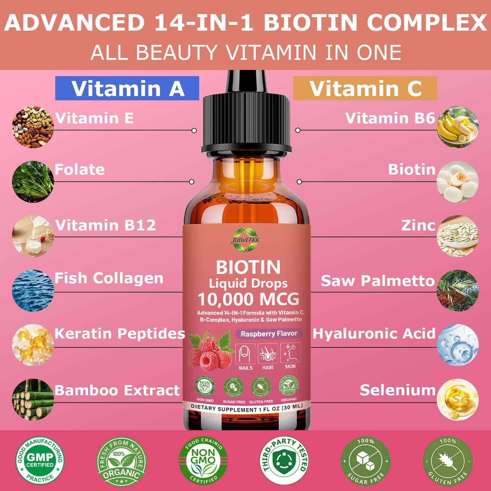 Pure Biotin 10000mcg Liquid Drop Optimal Solutions Hair Skin & Nails Vitamins Support w. Collagen Keratin Hyaluronic Acid Saw Palmetto, Biotin(Vitamin B7) for Hair Growth & Cellular Energy JUIWEFKK Au supplements