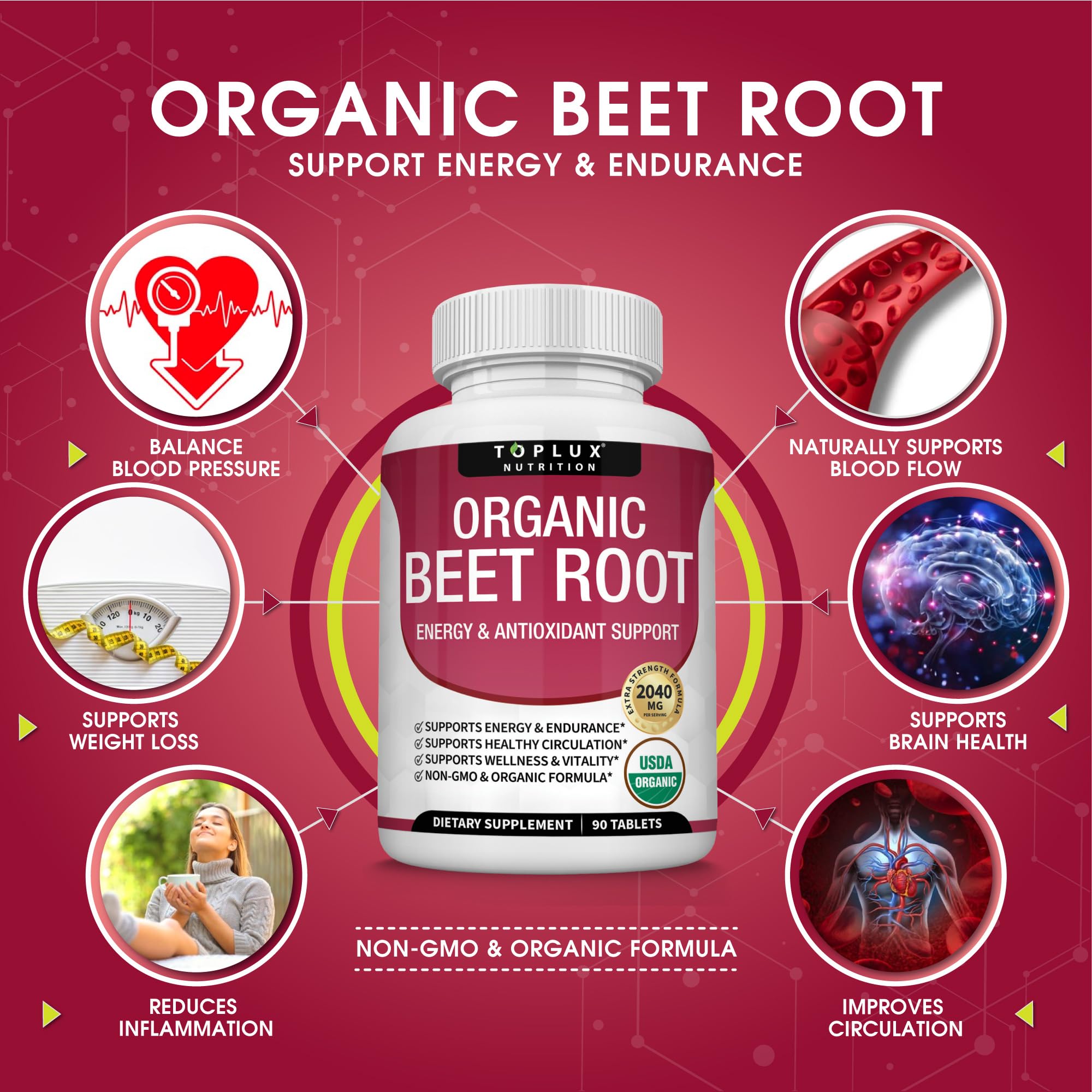 Organic Beet Root Powder Tablets - 2040mg Natural Nitric Oxide Beets to Support, Energy Toplux Au supplements