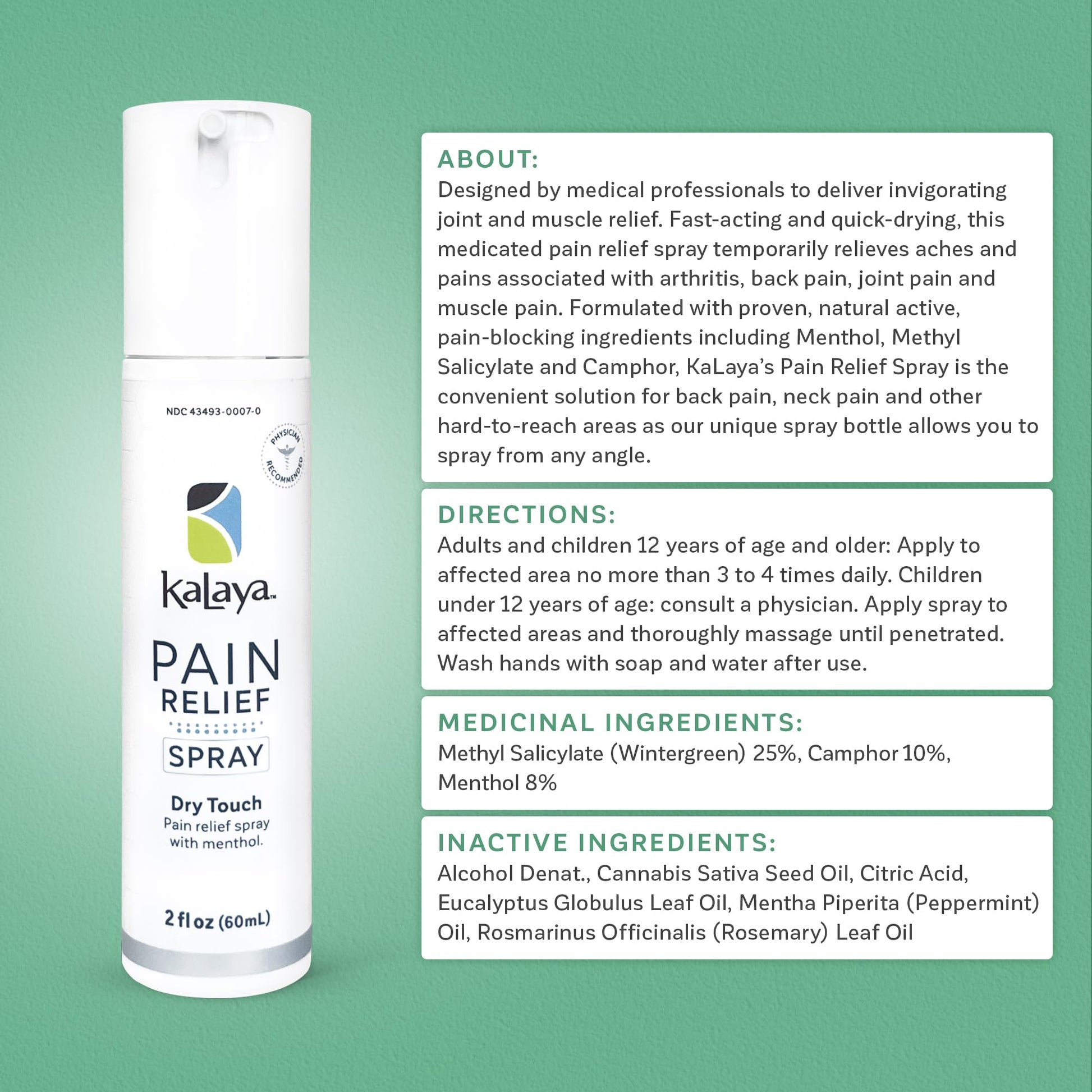 Kalaya Pain Relief Spray - Fast-Acting, Quick-Drying Muscle Rub for Joint Pain Relief and Muscle Pain - with Eucalyptus, Menthol, Methyl Salicylate, Camphor - Ideal for Easing Back Pain - 2 oz Kalaya Naturals Au supplements