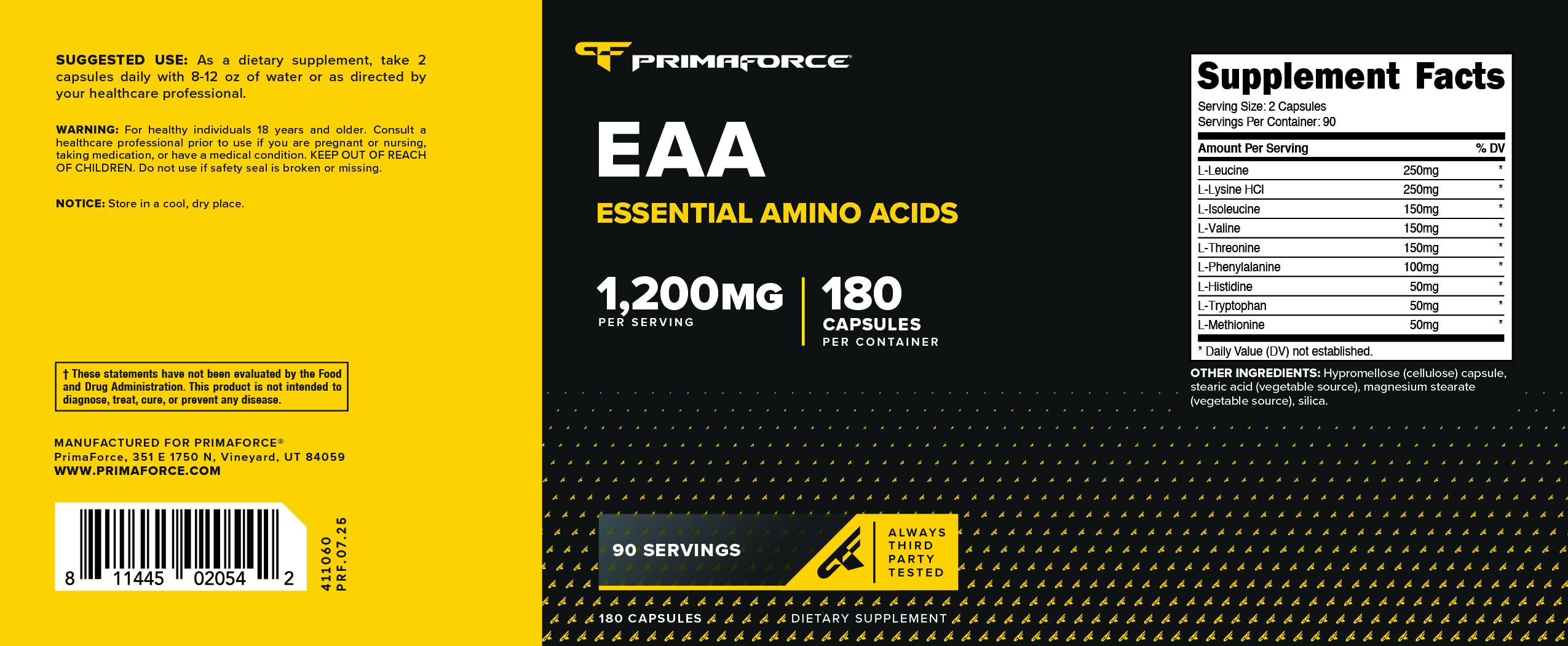 Primaforce EAA Capsules 1200mg, 180 Capsules, 90 Servings - Essential Amino Acids - Non-GMO, Gluten Free & Vegitarian Friendly Primaforce Au supplements