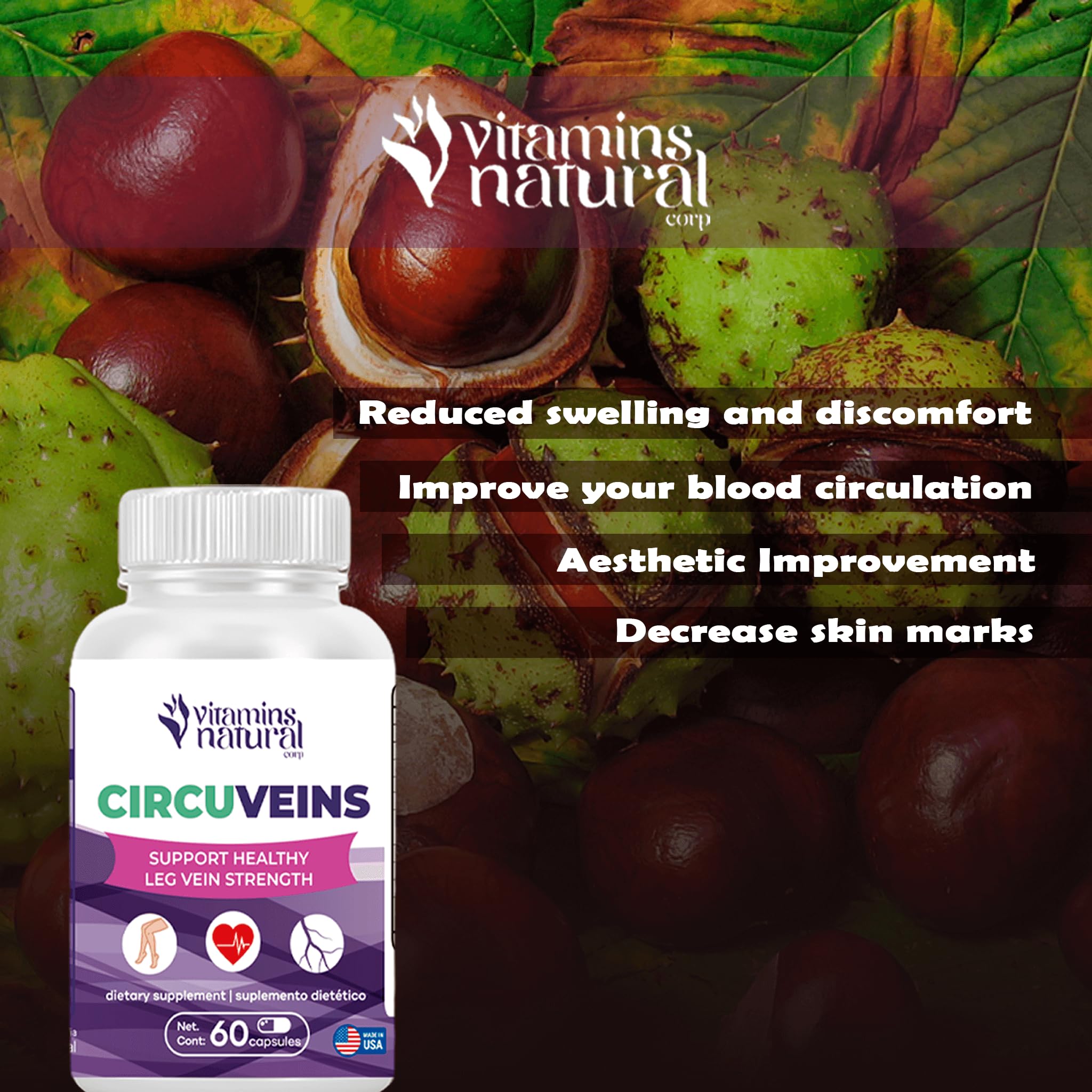 VITAMINS NATURAL CORP. CircuVeins Varicose Veins Support for Legs Capsules – Organic Vein Health Supplement with Horse Chestnut Grape Extract and Cayenne Pepper – 60 Capsules VITAMINS NATURAL CORP Au supplements